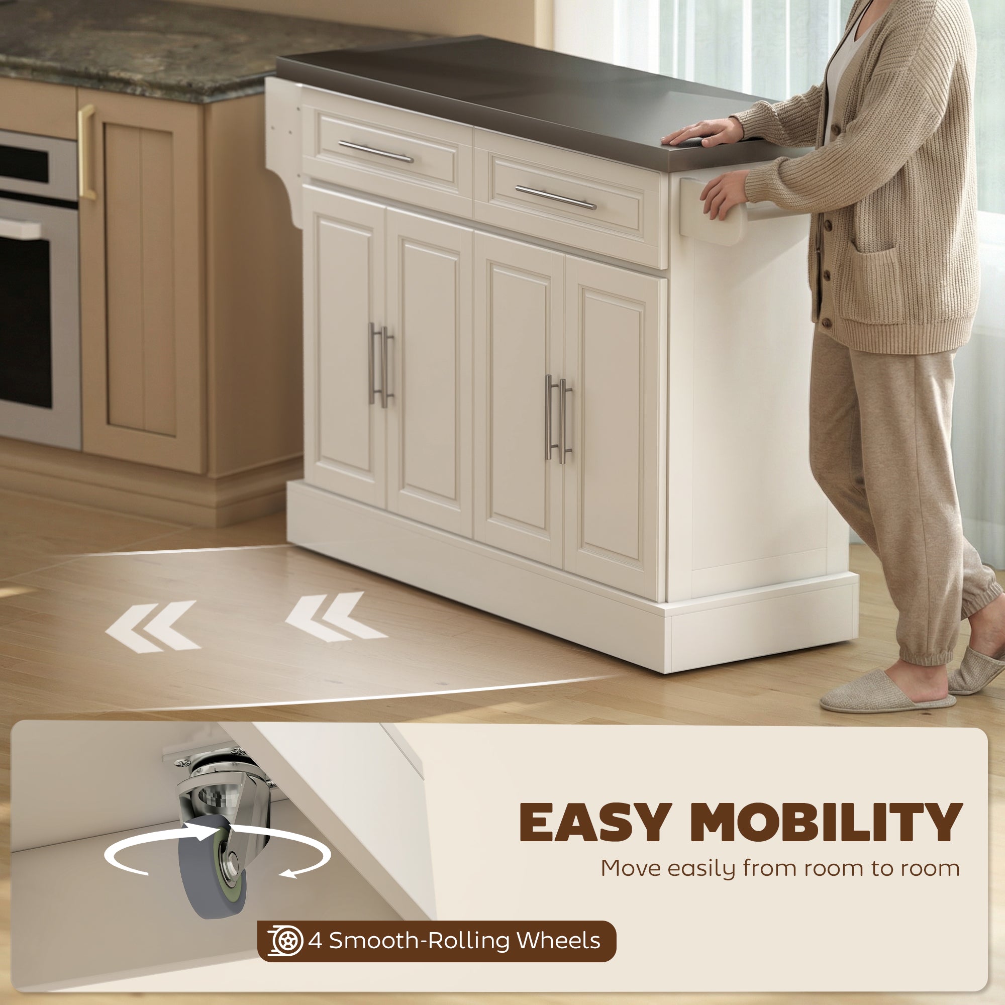 Rolling Kitchen Island with Stainless Steel Top, 2 Drawers, Spice, Knife and Towel Rack and Cabinets, Cream White