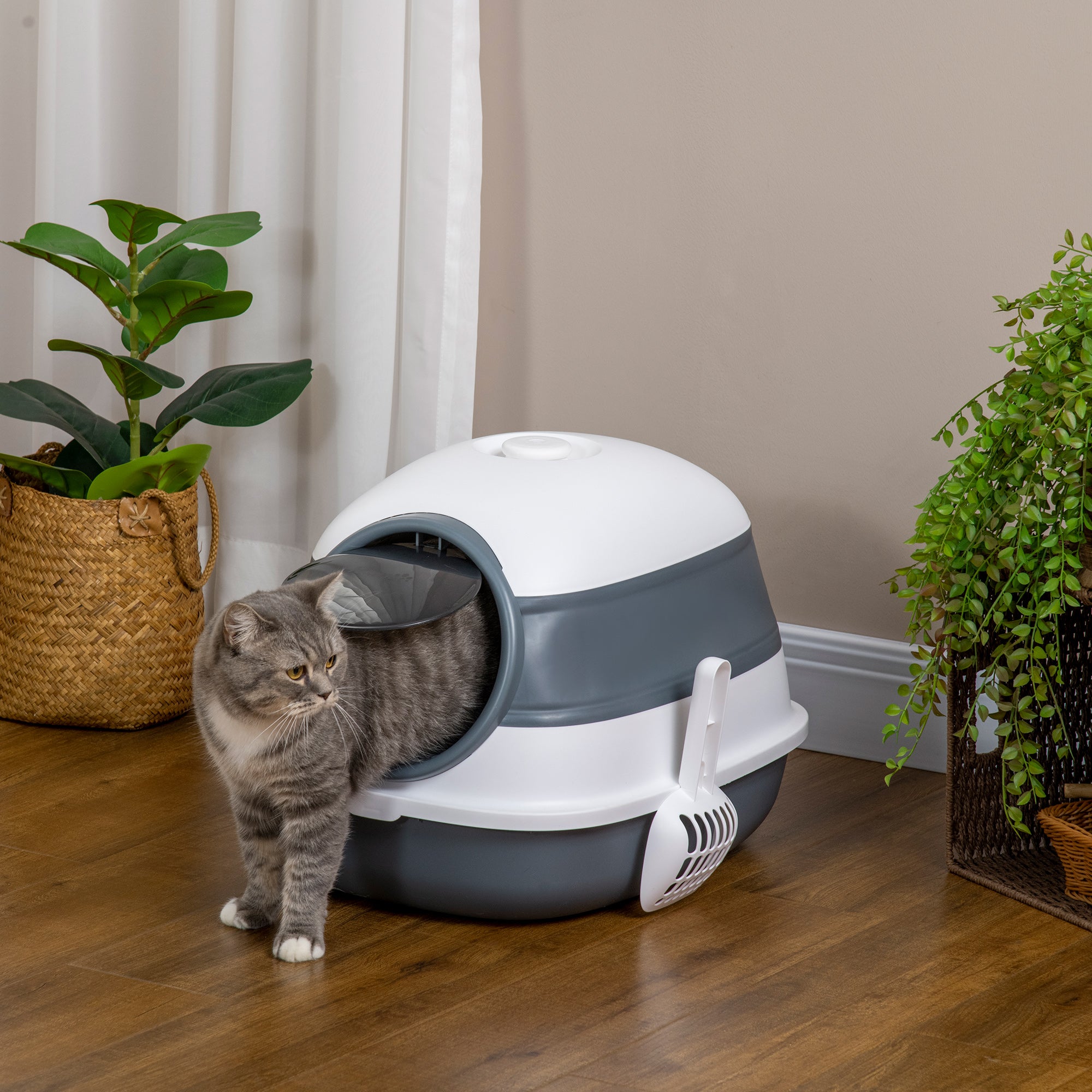 Dome Covered Cat Litter Box with Lid, White and Gray - White - Image 2
