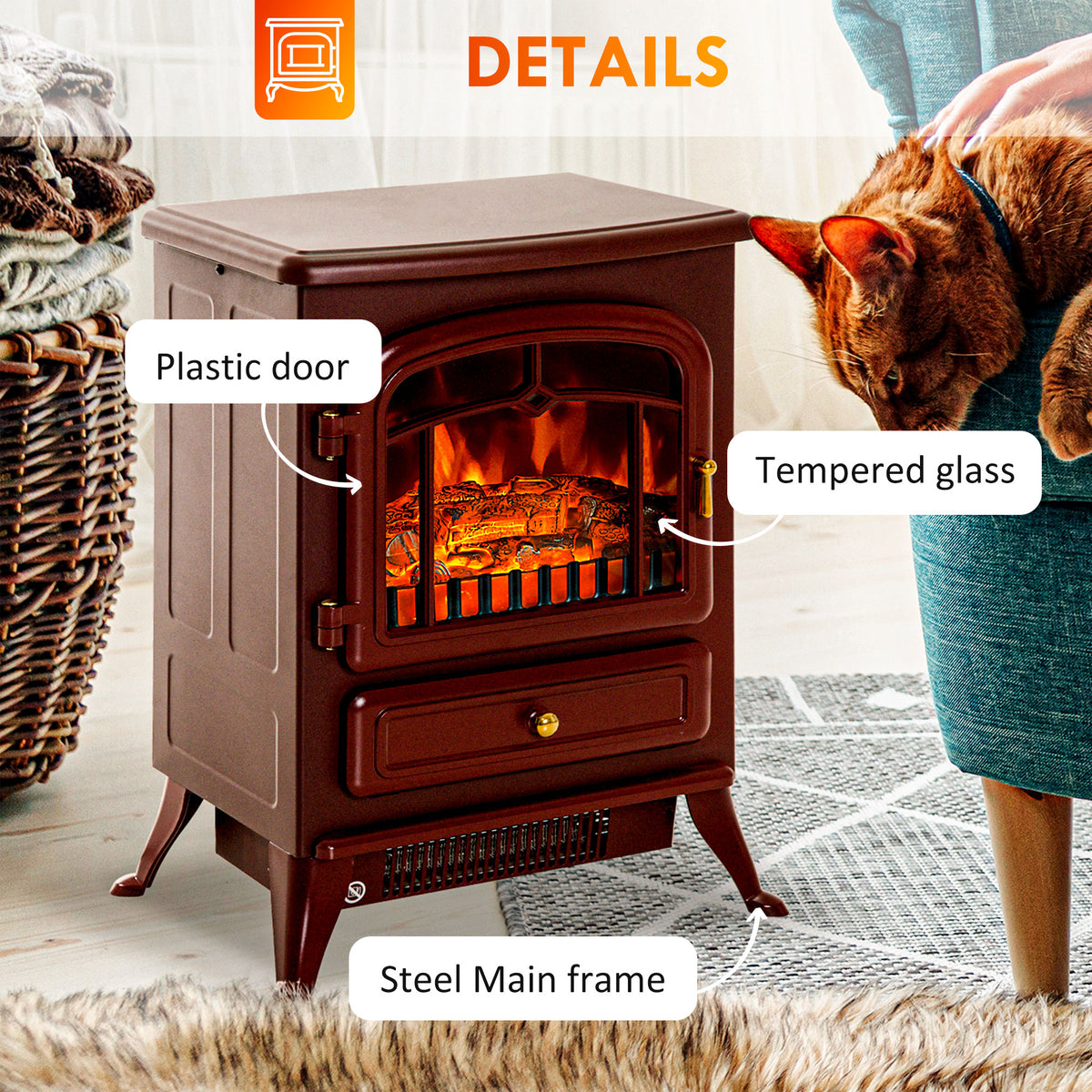 22" Electric Fireplace Heater, Freestanding Fire Place Stove with Realistic LED Flames and Logs, and Overheating Protection, 725W/1450W, Red