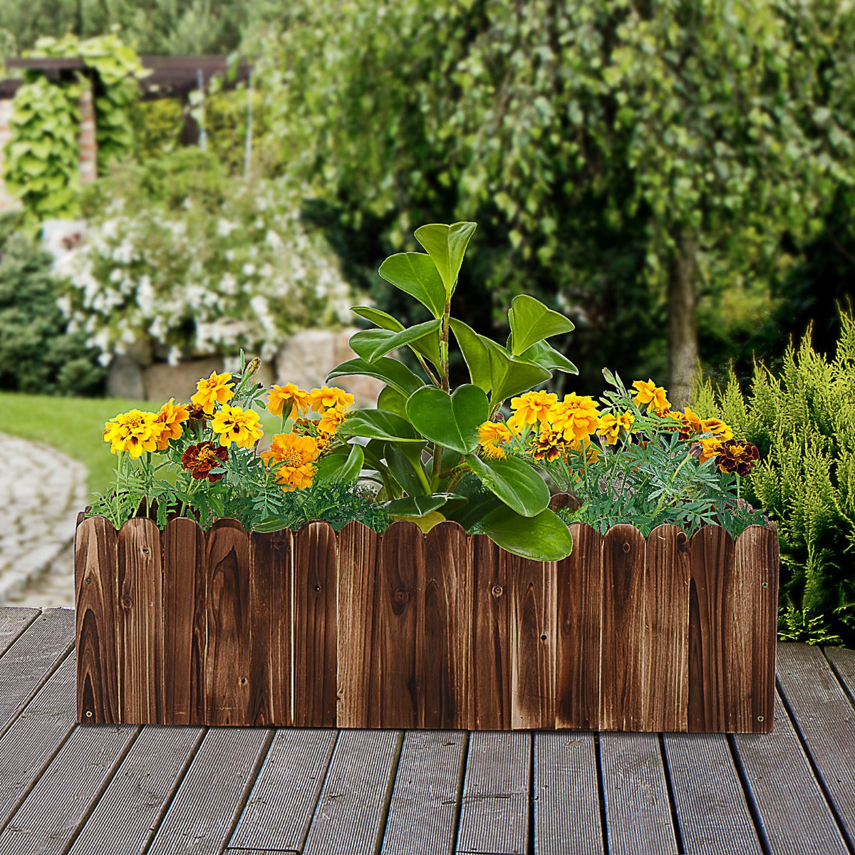 40" x 16" x 12" Raised Planter Box Garden Scalloped Edge Wooden - Brown - Image 3