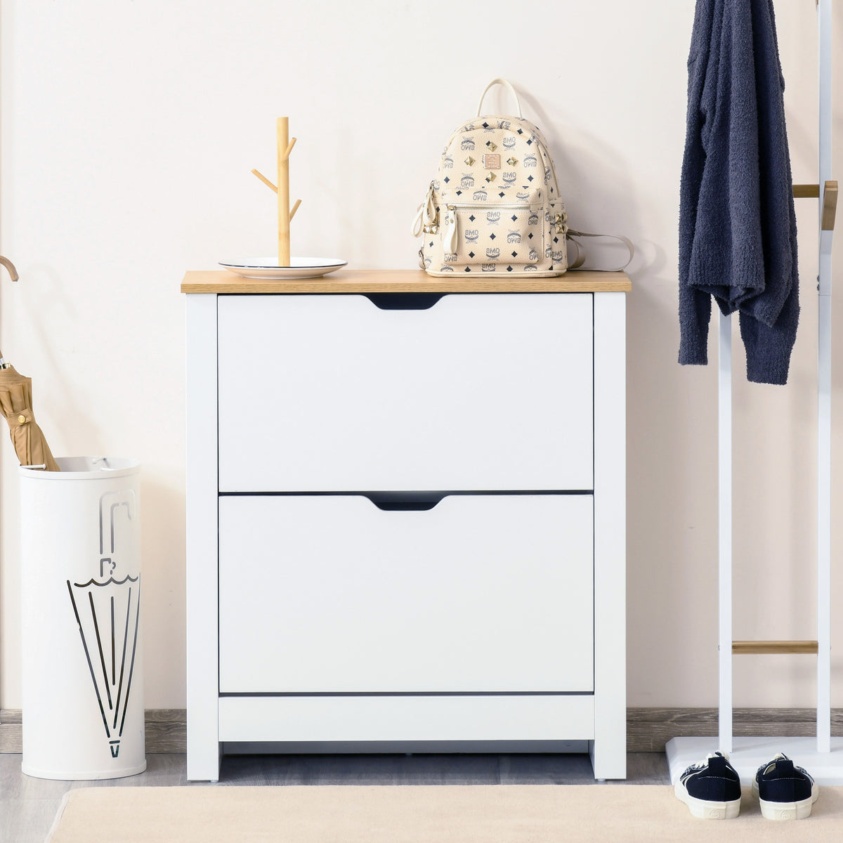 Slim Shoe Storage Cabinet, Shoe Cabinet with 2 Flip Drawers and Adjustable Dividers, Natural & White