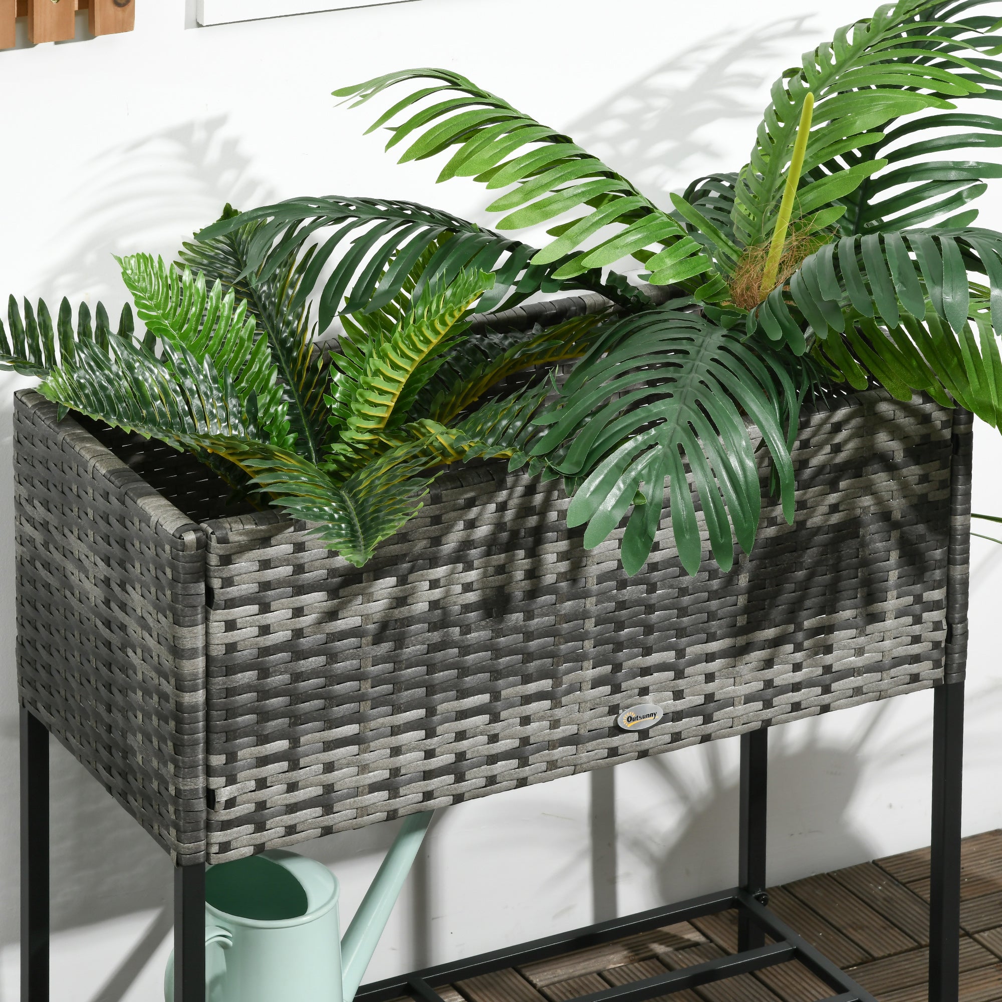 Raised Garden Bed, Elevated Planter Box with Rattan Wicker Look, Tool Storage Shelf, Portable Design for Herbs, Vegetables, Flowers, Gray - Gray - Image 8