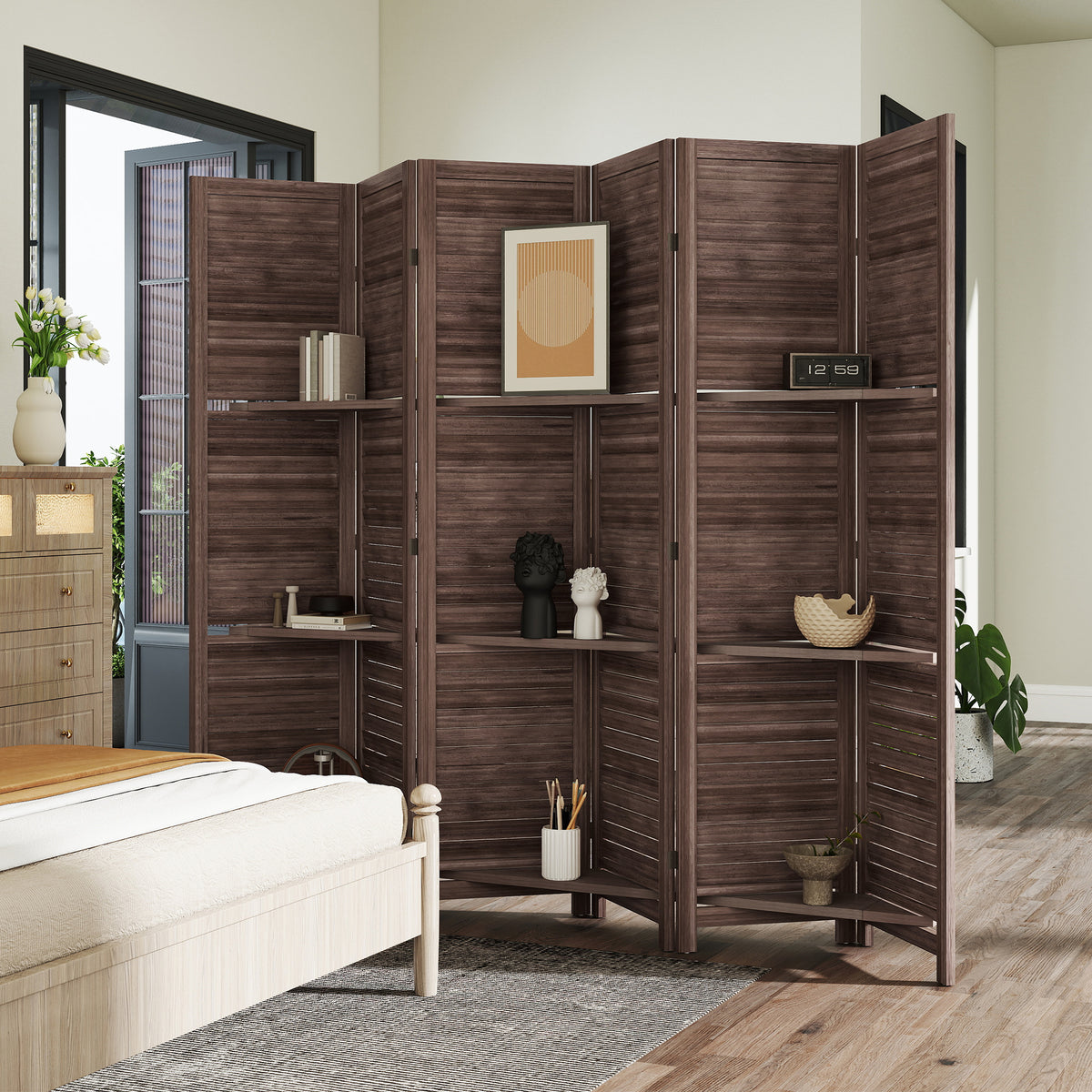 6 Panel 67" Tall Wood Privacy Screen Room Divider with 3 Shelves and Folding Storage for Bedroom, Walnut