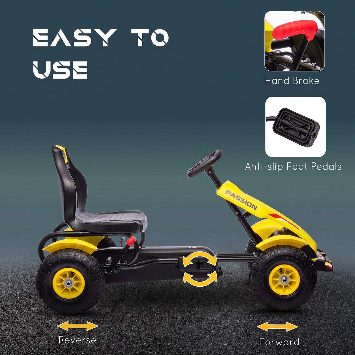 Kids Pedal Go Kart, Outdoor Ride on Toys with Adjustable Seat, Sharp Handling, Handbrake, 4 Non-Slip Rubber Wheels for Boys & Girls Aged 5-12 Years Old, Yellow