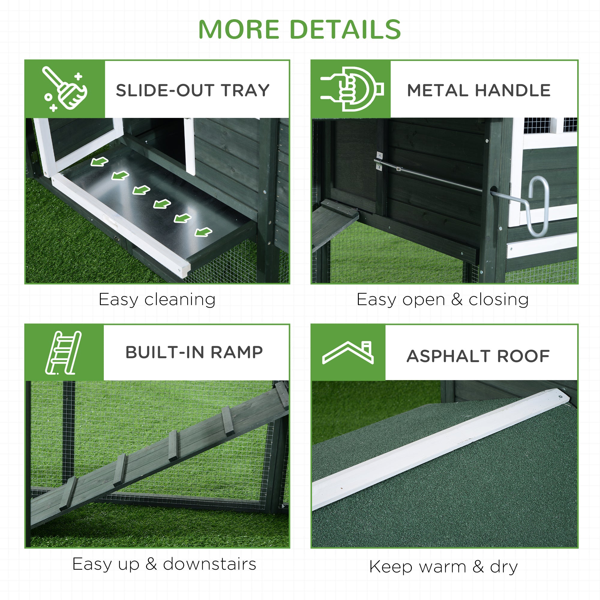 84" Wooden Chicken Coop, Hen House Outdoor with Run Nesting Box, Asphalt Roof, Removable Tray, Ramp, Poultry Cage for 2-3 Chickens, Green - Green - Image 7