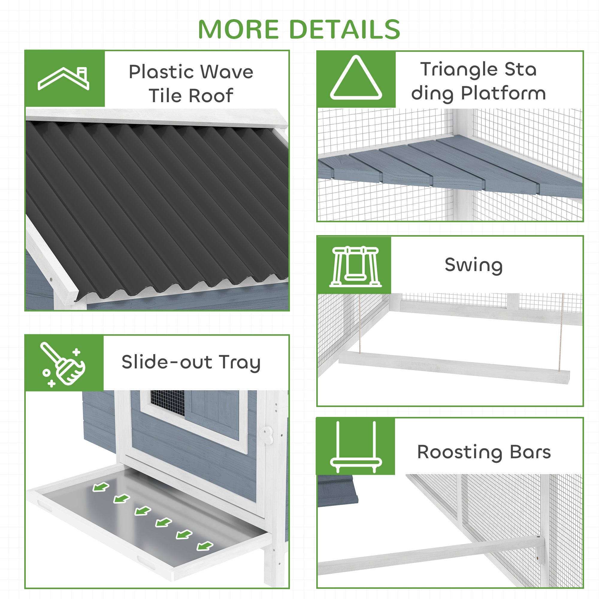 156" Extra Large Wooden Chicken Coop with 2 Nesting Box, Run Cage, Waterproof Wave Roof, for 10-15 Chickens, Light Gray - Light Gray - Image 7
