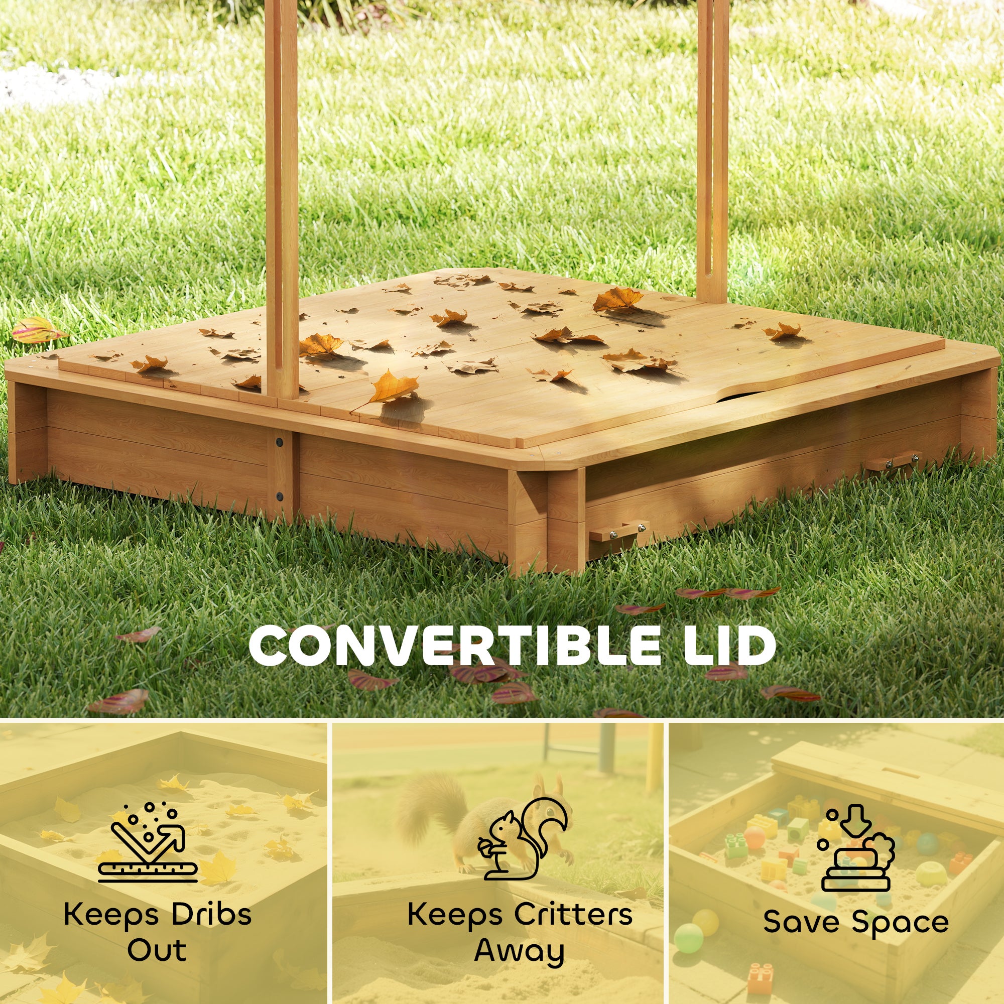 Wooden Kids Sandbox with Cover, Children Outdoor Sand Box with Foldable Bench Seats and Adjustable Canopy