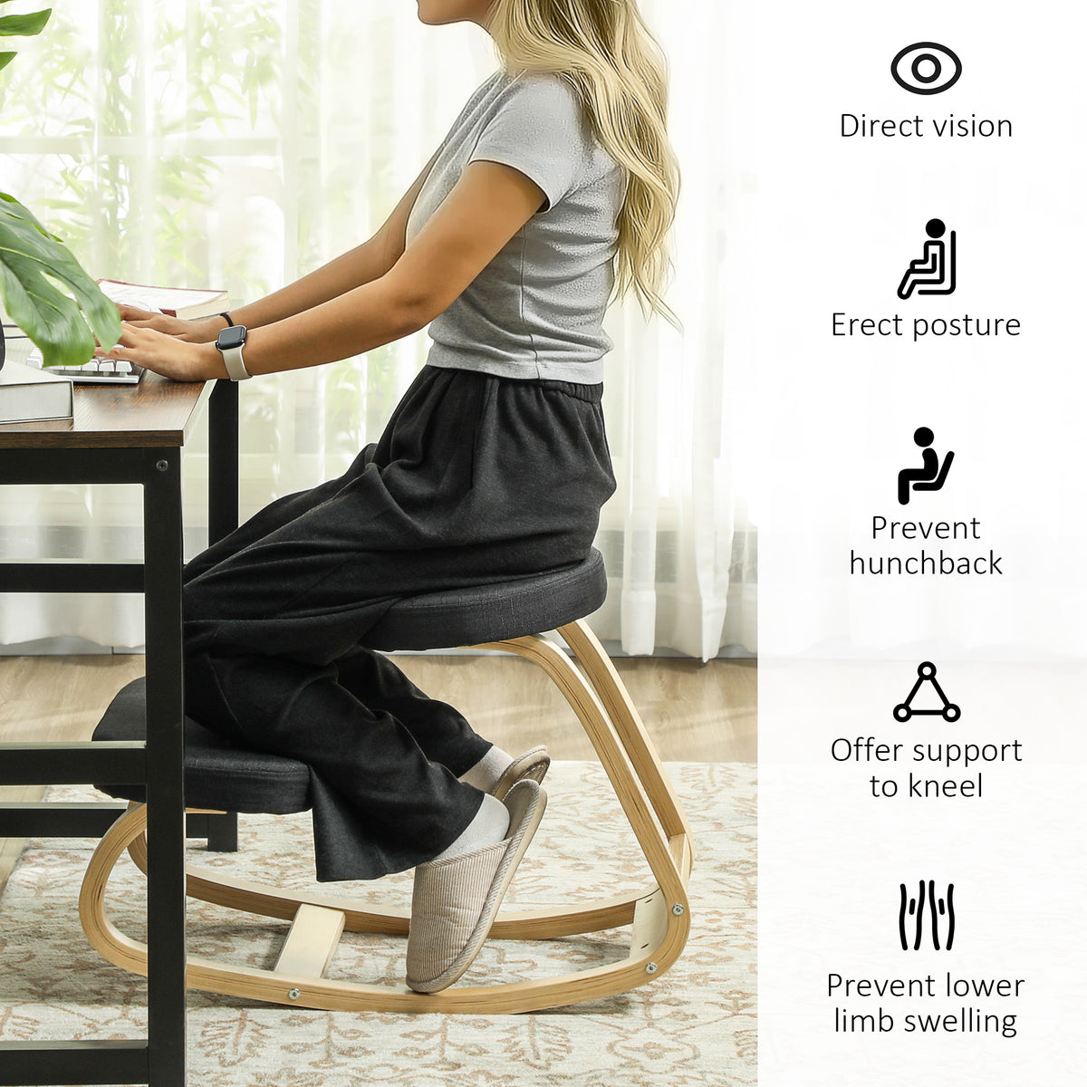 Ergonomic Kneeling Chair with Wood Frame, Posture Support Desk Chair for Home Office, 264 lb Capacity, Black