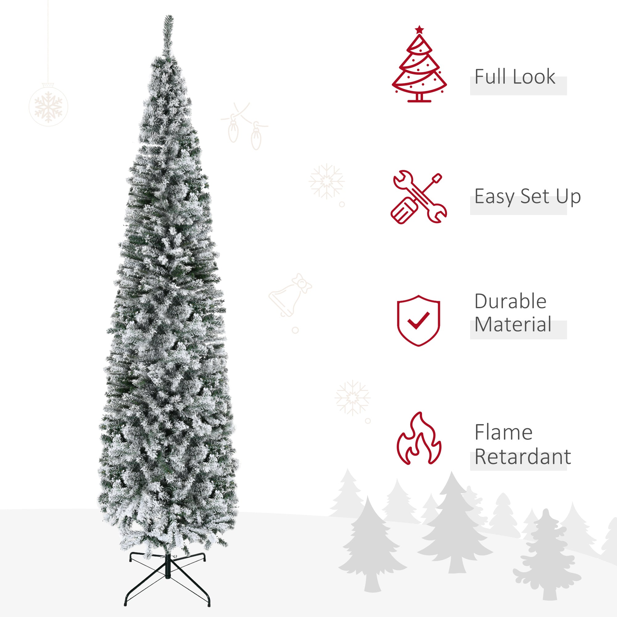 HOMOM 9ft Flocked Christmas Tree, Pencil Artificial Xmas Tree with Faux Snow, Dense Branches, Foldable Metal Base for Indoor Holiday Decor