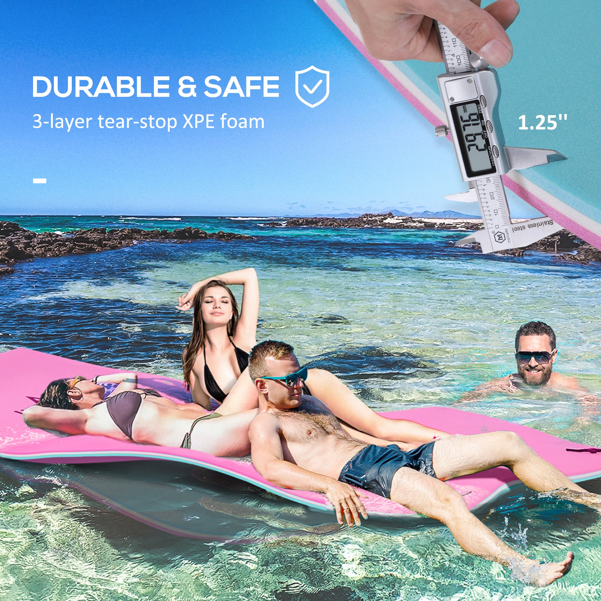 12' x 5' Lily Pad Floating Mat with Cup Holder Table, 3-Layer Portable Roll-Up Water Mat Float Dock for 2-3 People, on Lake, River, Beach, Swimming Pool, Pink