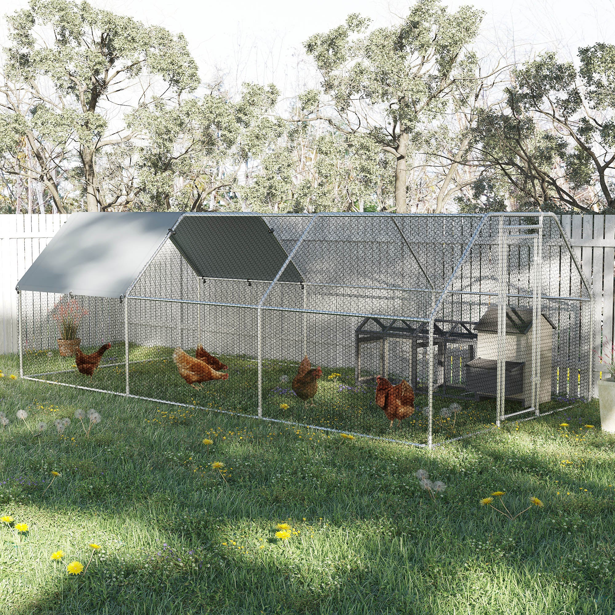 Large Chicken Coop Metal Chicken Run with Waterproof and Anti-UV Cover, Flat Shaped Walk-in Fence Cage Hen House for Outdoor and Yard Farm Use, 1.3" Tube Diameter, 9' x 18.5' x 6.5' - Silver - Image 2