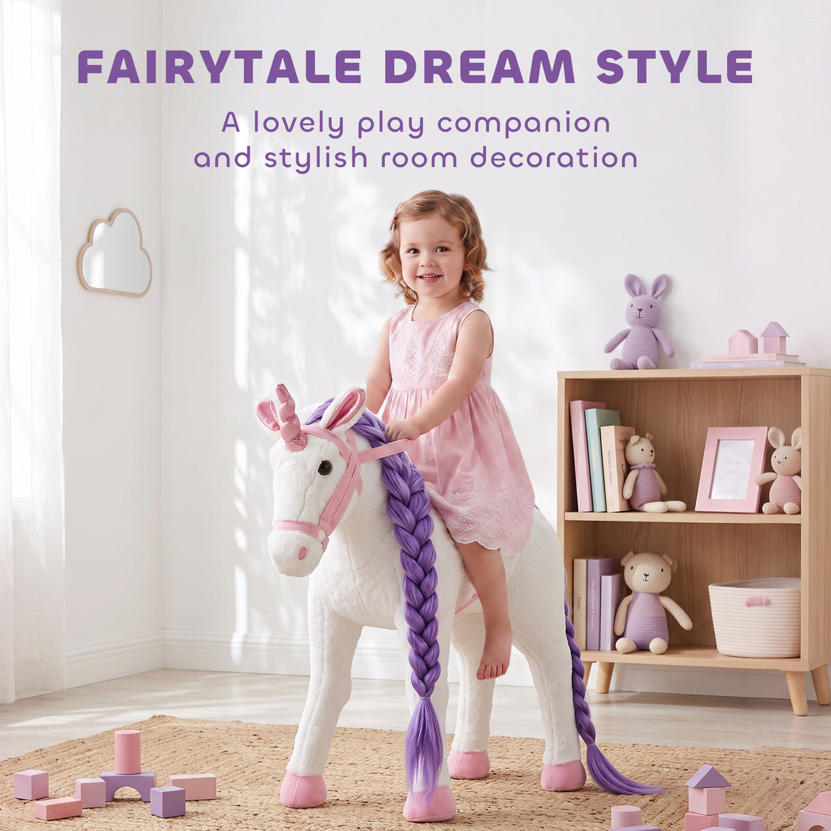 Ride on Horse for Kids 2+ Years, Toddler Riding Horse with Neighing, Stuffed Animal Horse Toy with Padding, White