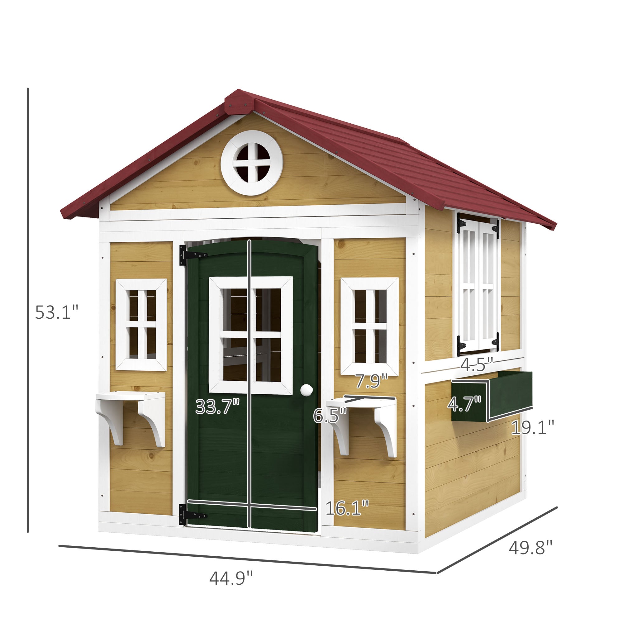 Wooden Playhouse for Kids Outdoor with Doors, Windows, Planter Pots and Boxes for Toddlers 3-8 Years, Beige