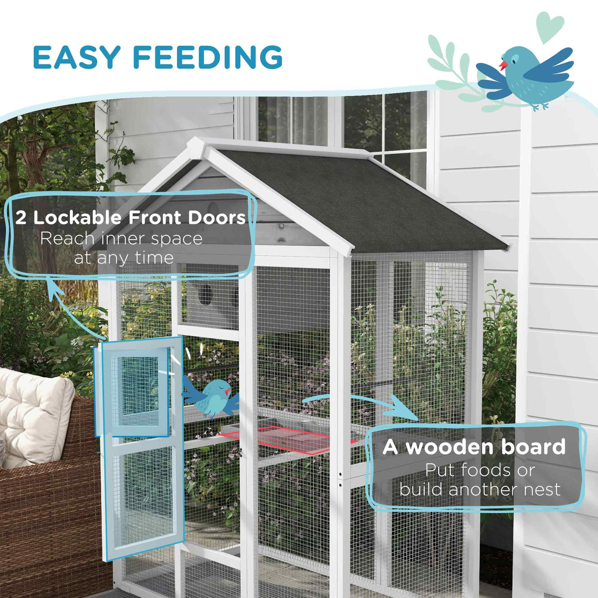 64.5" Wooden Bird Cage Aviary, Flight Cage with 4 Perches, Nest and Slide-Out Tray for Indoor/Outdoor, Gray - Gray - Image 4