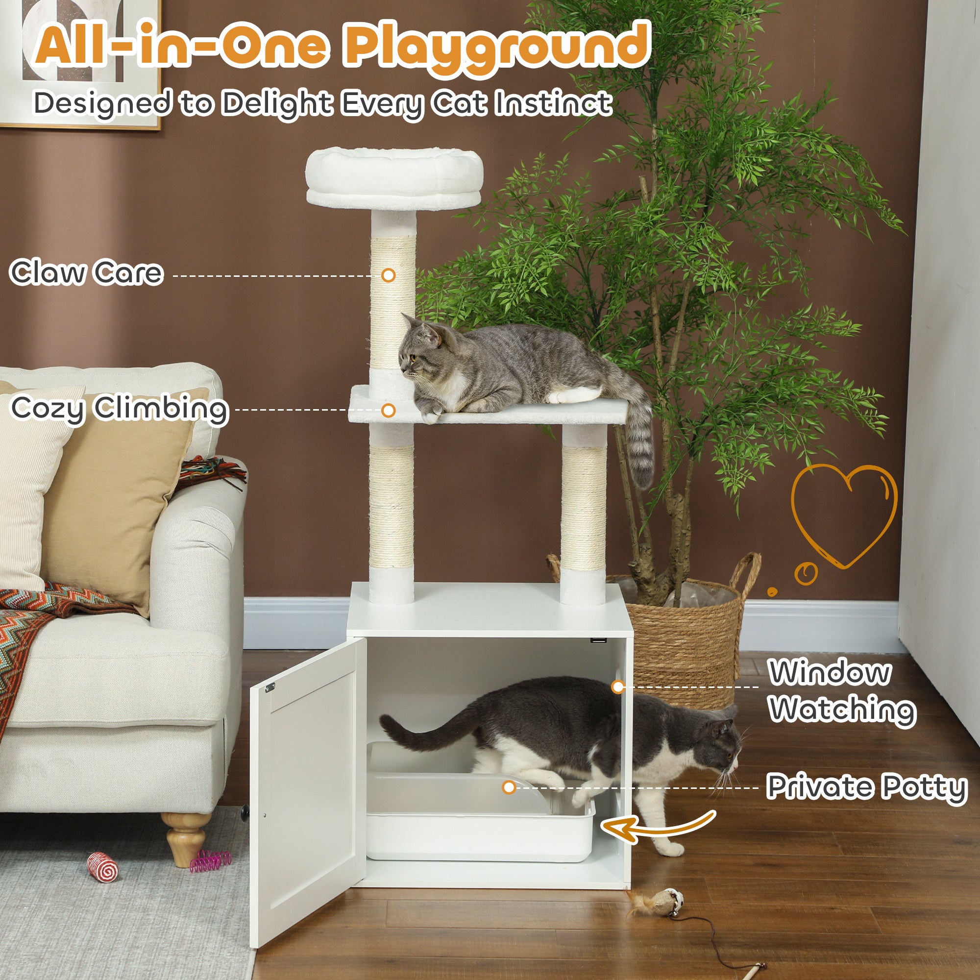 Cat Tree with Litter Box Enclosure, Scratching Posts, Bed, Climbing Platforms for Indoor Cats, White - White - Image 7