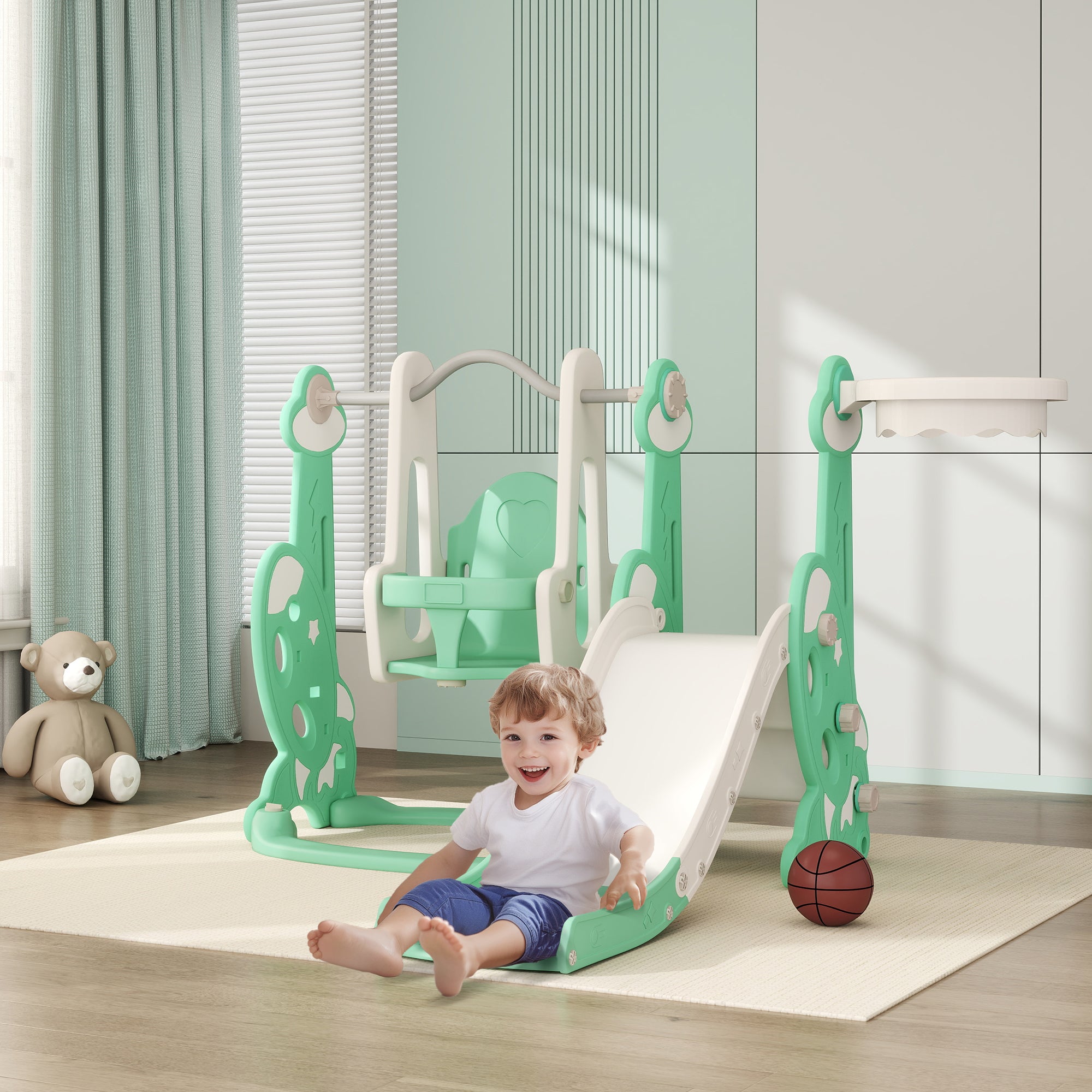 4 in 1 Toddler Slide and Swing Set for Ages 1.5-4, Toddler Playset Playground with Climber, Basketball Hoop, Green