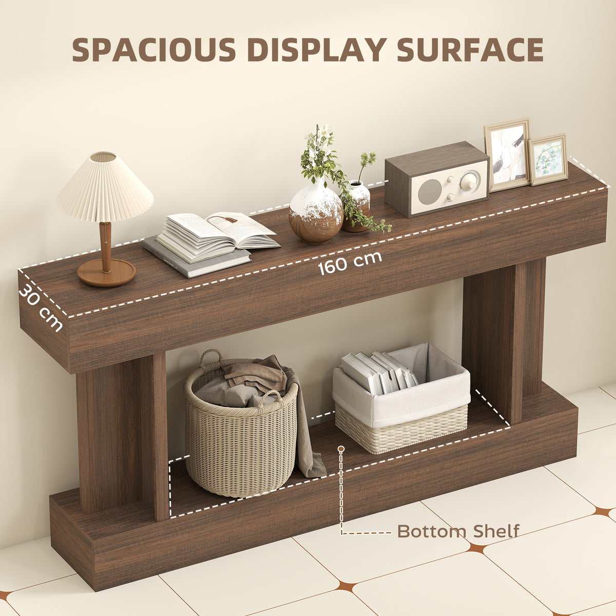 63 Inch Long Console Table, Vintage Narrow Entryway Table with Storage Shelf for Living Room and Hallway, Brown