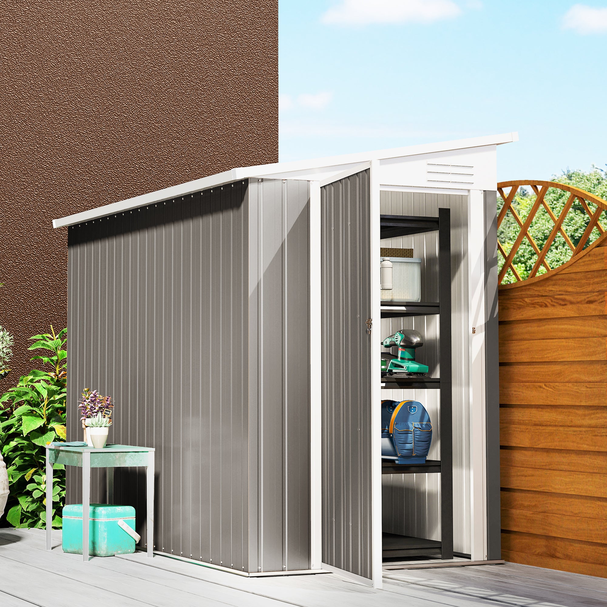 4' x 8' Lean to Garden Storage Shed, Outdoor Metal Tool House with Lockable Door Vents for Backyard Patio Lawn, Light Gray - Light Gray - Image 2