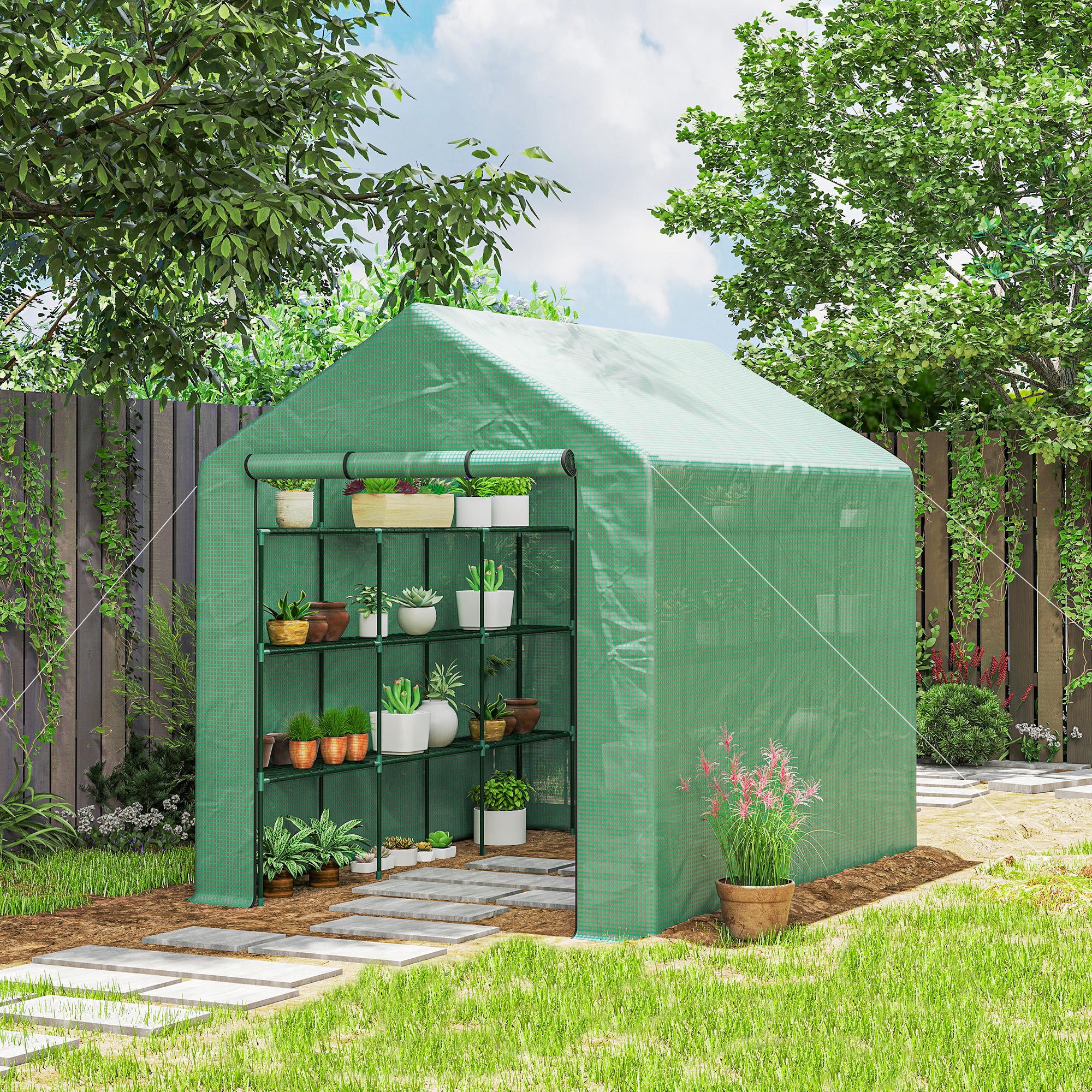 Outdoor Walk-in Greenhouse with Roll-up Zipper Door, 18 Shelves, PE Cover, 95.25" x 70.75" x 82.75", Green - Green - Image 2