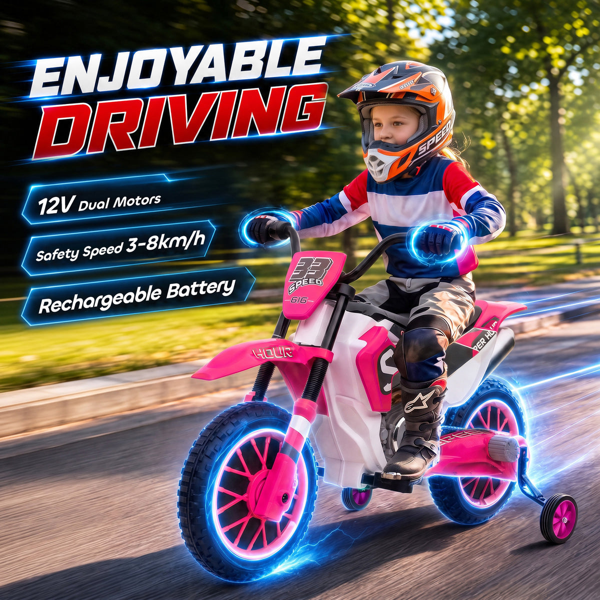 12V Kids Motorcycle with Dual Motors, Training Wheels, Rear Suspension, Soft Start, Max Speed 5 MPH, for 3-6 Years, Pink