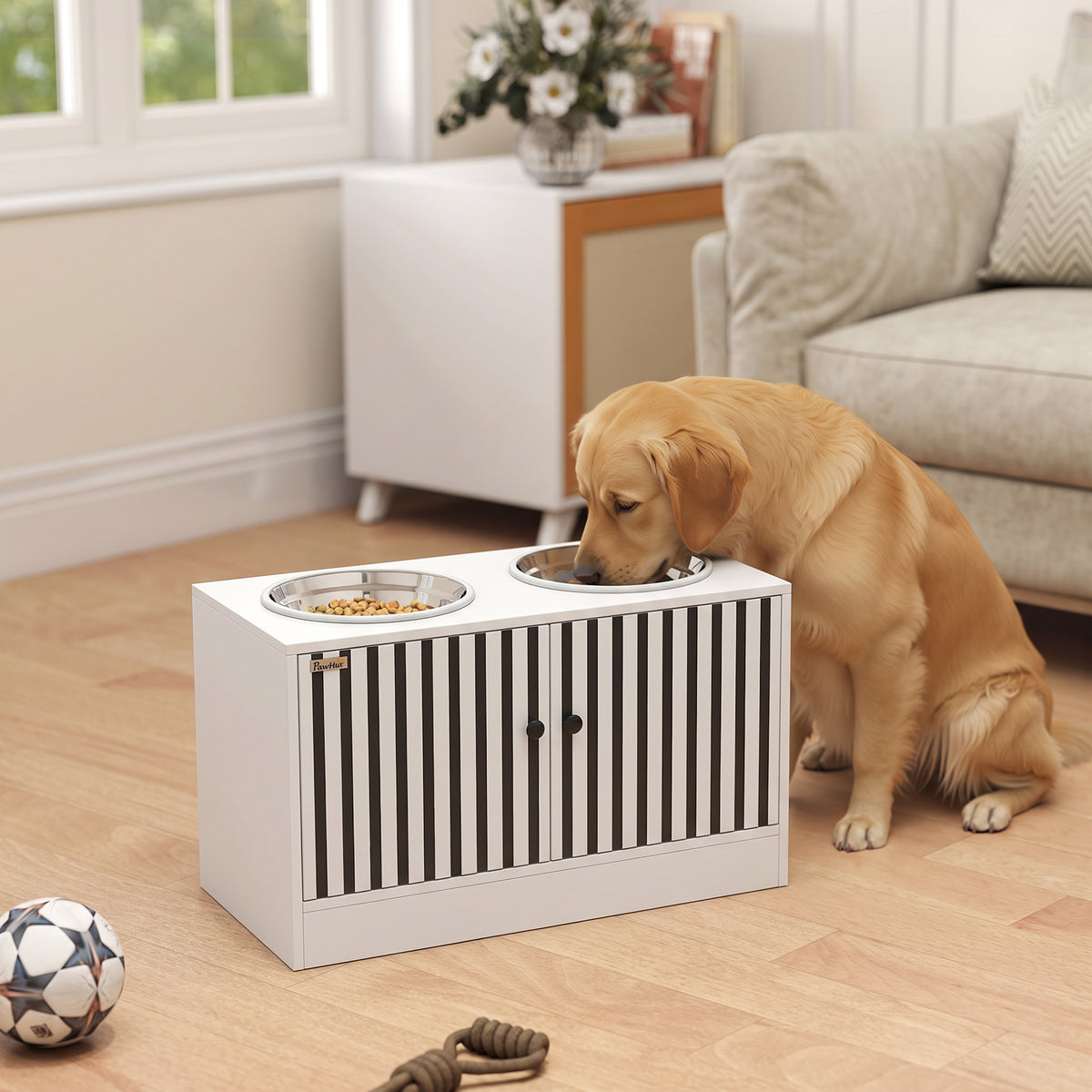 Elevated Dog Bowls with Storage Cabinet, 2 Stainless Steel Bowls, Slow Feeder, Dog Feeding Station for Large Dogs, White