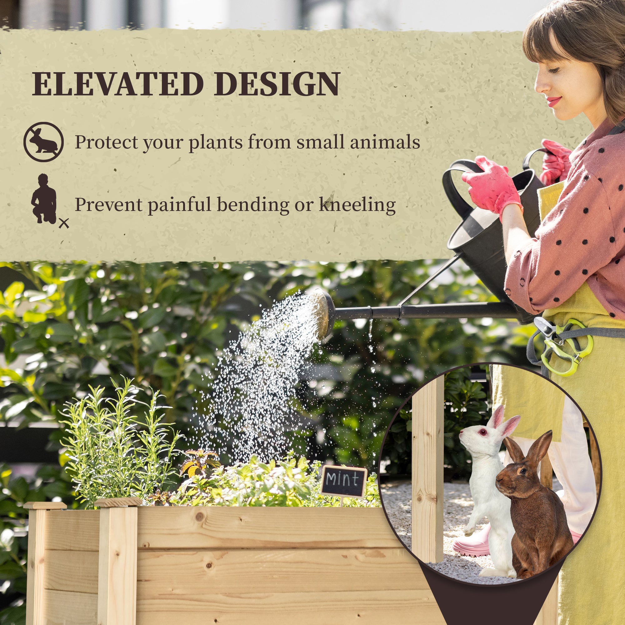 Raised Garden Bed with Legs, 34" x 18" x 30", Elevated Wooden Planter Box, Self-Draining with Bed Liner for Vegetables, Herbs, and Flowers Backyard, Patio, Balcony Use, Natural - Natural Wood - Image 5
