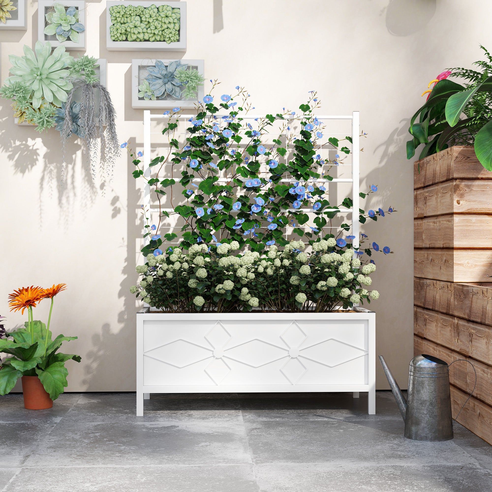 Outdoor Planter Box Galvanized Raised Garden Bed with Trellis for Climbing Vines, 35.4" x 15.7" x 47.2", White - White - Image 7