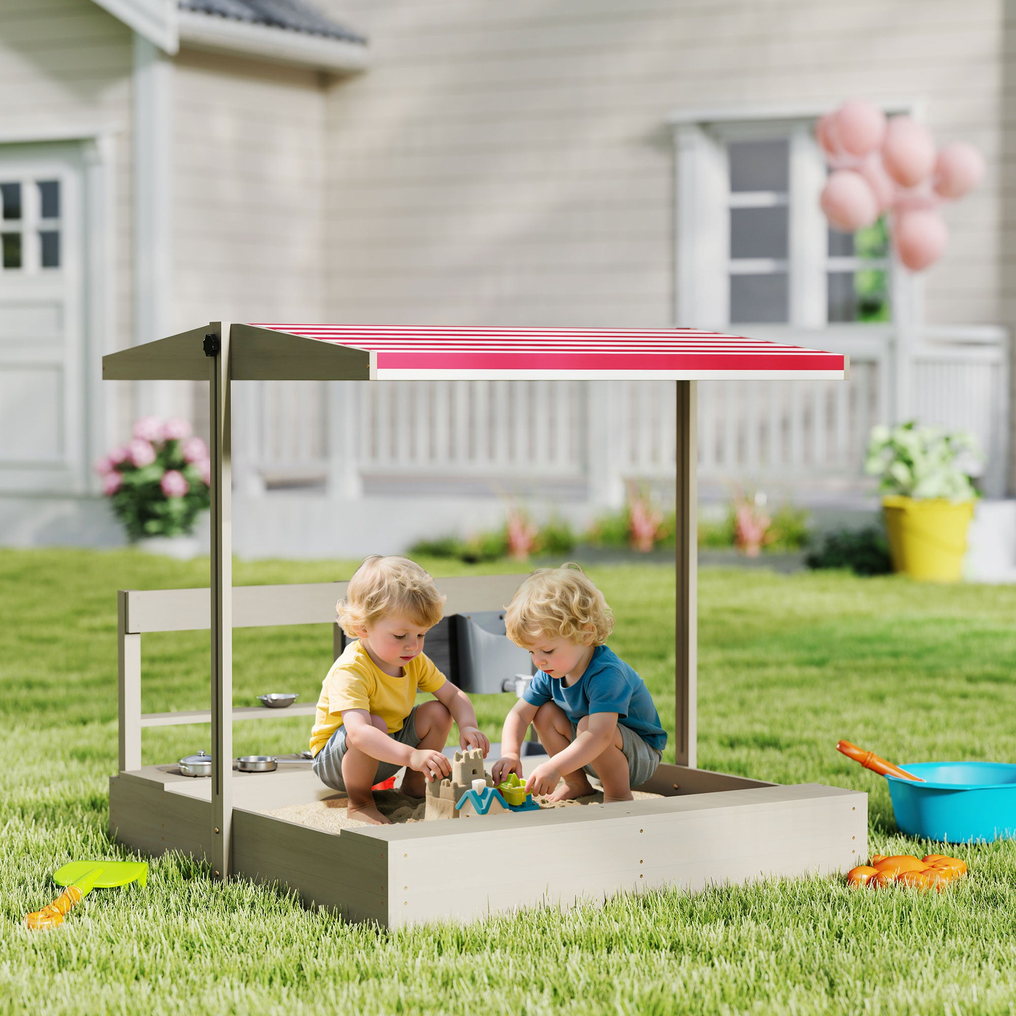 Kids Sandbox with Height Adjustable Canopy, Wooden Sandbox Backyard Toy with Kitchen Playset Accessories, Outdoor Activity Gift for Girls and Boys, Ages 3-7