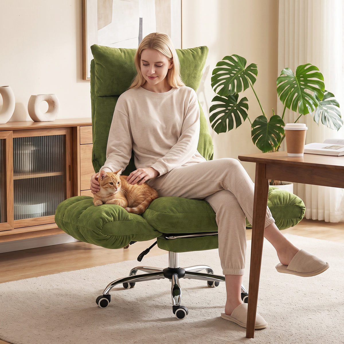 Criss Cross Office Chair with Flip-Up Armrests, Wide Seat, Reclining Cross Legged Desk Chair with Footrest, Green