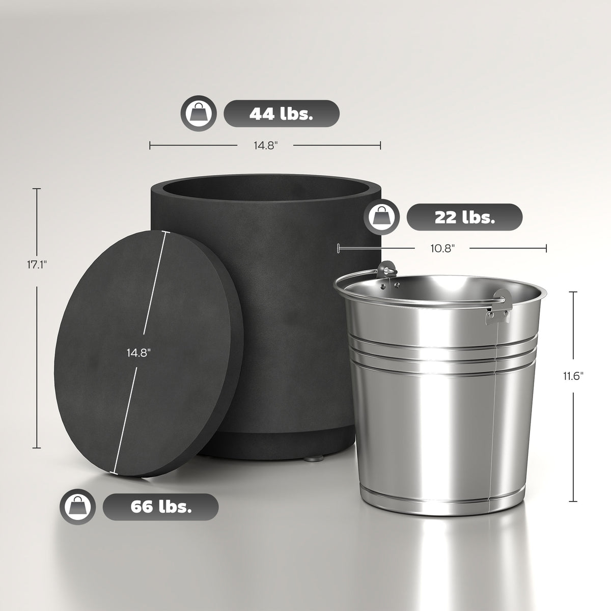 2.6 Gal Outdoor Side Table, 3-In-1 Concrete Cooler Bar Table with Storage, Removable Ice Bucket and Lid, Charcoal Gray