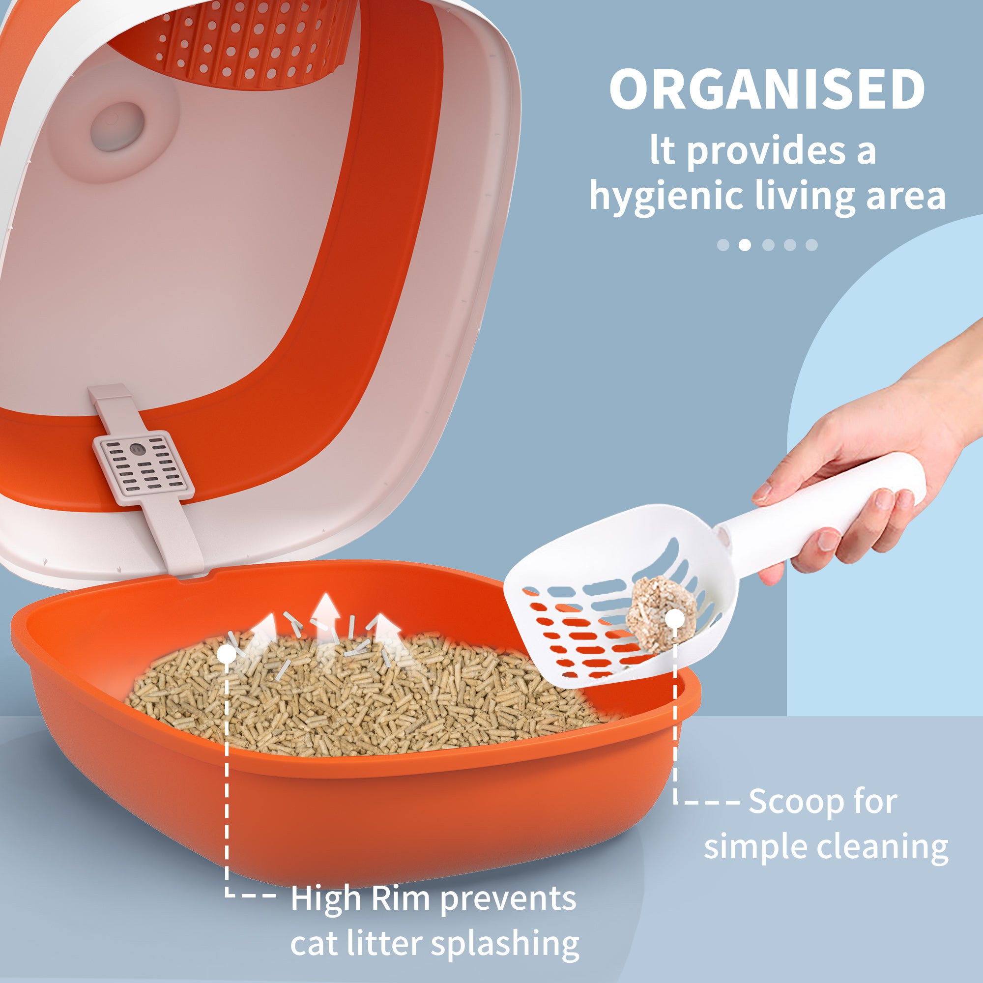 Dome Covered Cat Litter Box with Lid, White and Orange - Orange - Image 5