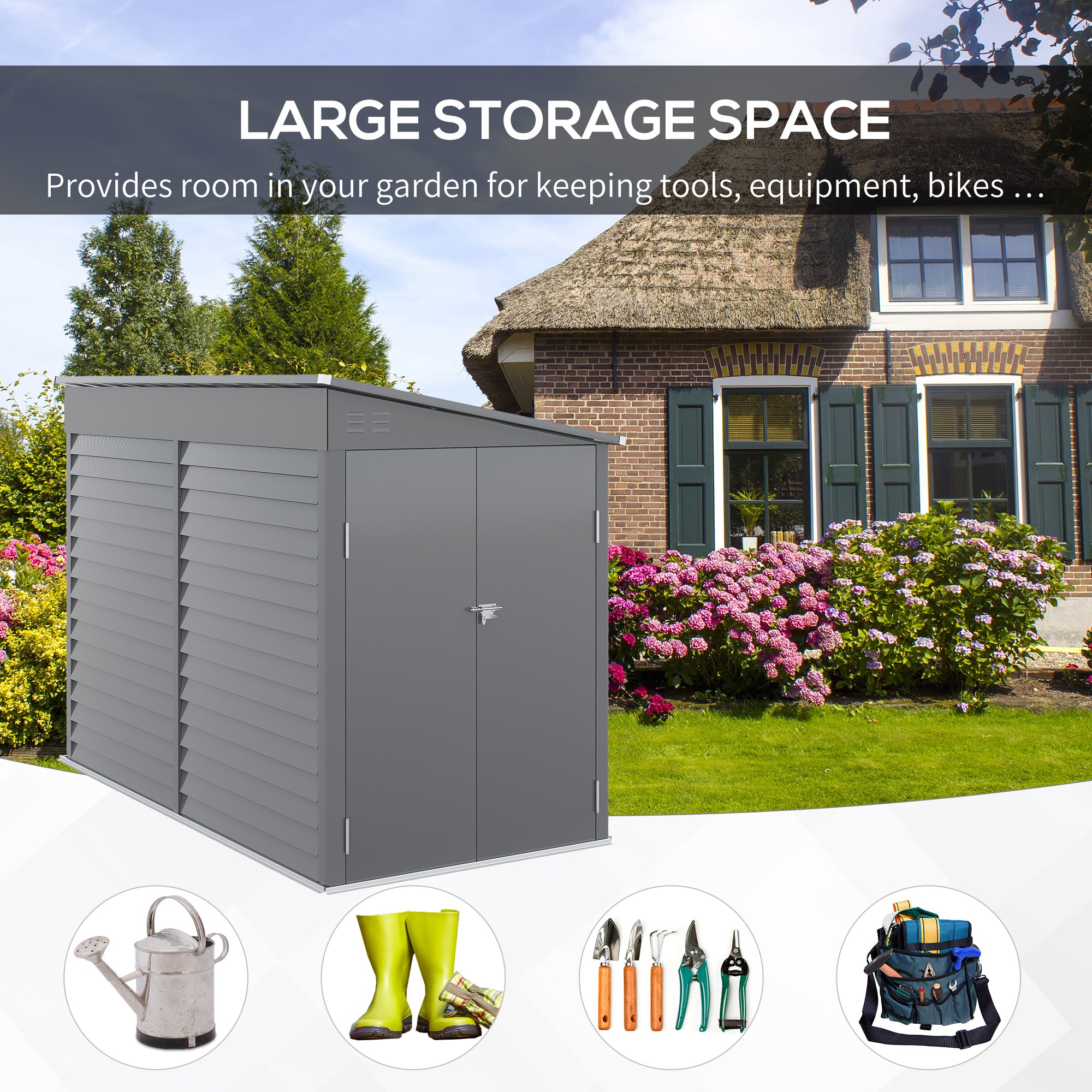 4.6' x 9' Outdoor Storage Shed, Lean to Metal Shed with Foundation Kit, Lockable Doors and Gloves for Patio, Lawn, Gray - Gray - Image 4