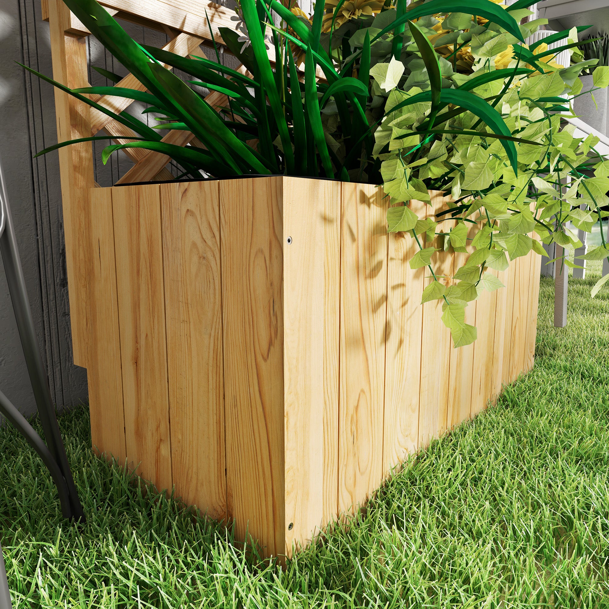 Raised Garden Bed, Wooden Planter with Trellis, Hanging Roof, Plant Shelf, Drainage Holes and Bed Liner, Natural - Natural Wood - Image 8