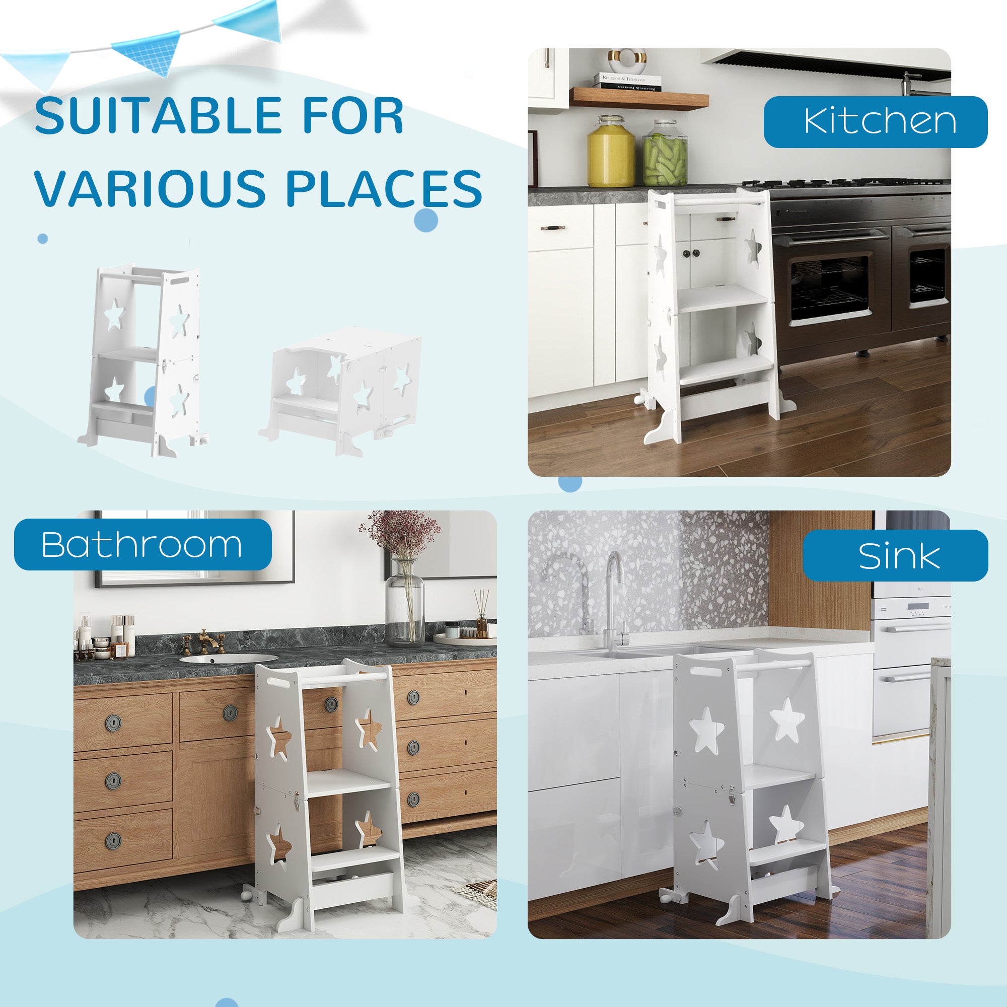 2 in 1 Toddler Tower with Safety Rail for Bathroom, Sink, Kitchen or Counter, White