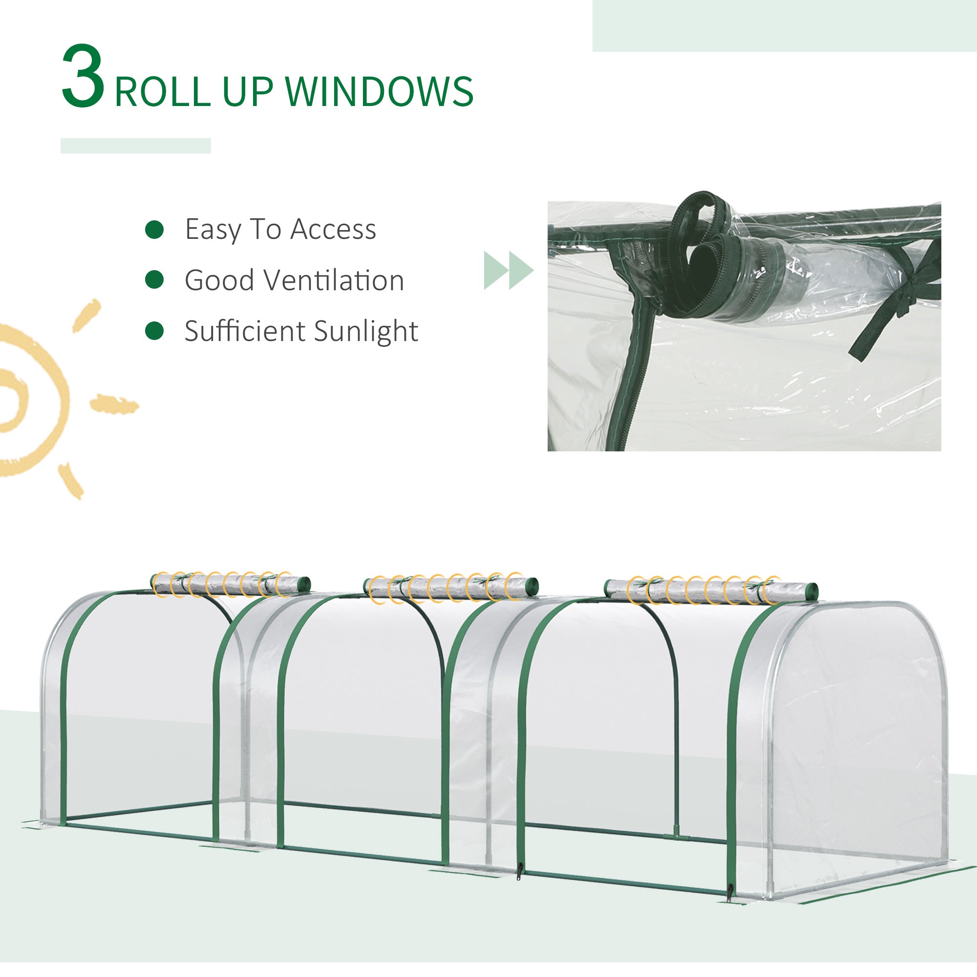9.7' L x 3' W x 2.5' H Portable Tunneled Greenhouse with 3 Zippered Doors, Water/UV Fighting PVC Cover - Clear - Image 7