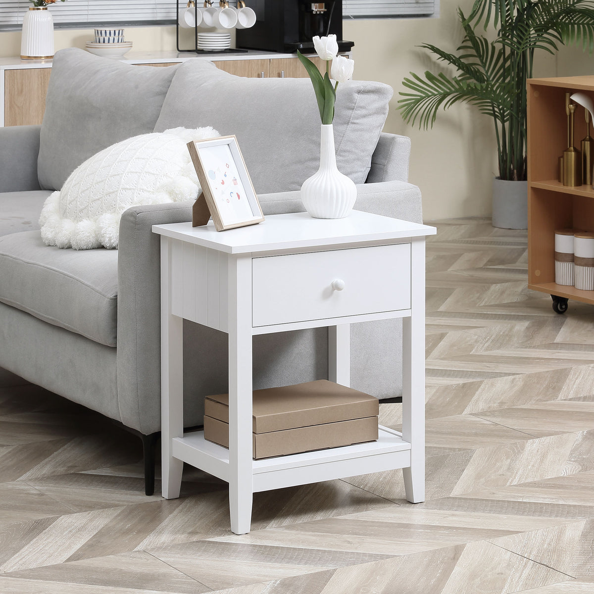 End Table, 2-tier Side Table with Drawer and Storage Shelf, Modern Sofa Side Table for Living Room, Gray