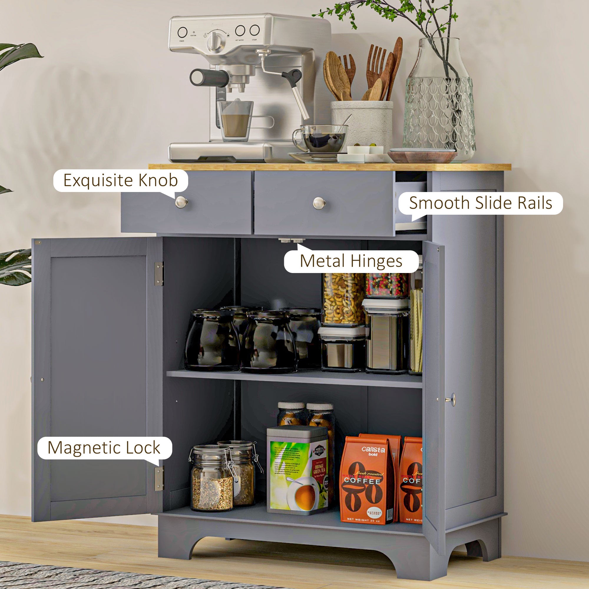 Kitchen Storage Cabinet, Sideboard Floor Cupboard with Solid Wood Top, Adjustable Shelf, and 2 Drawers, Gray