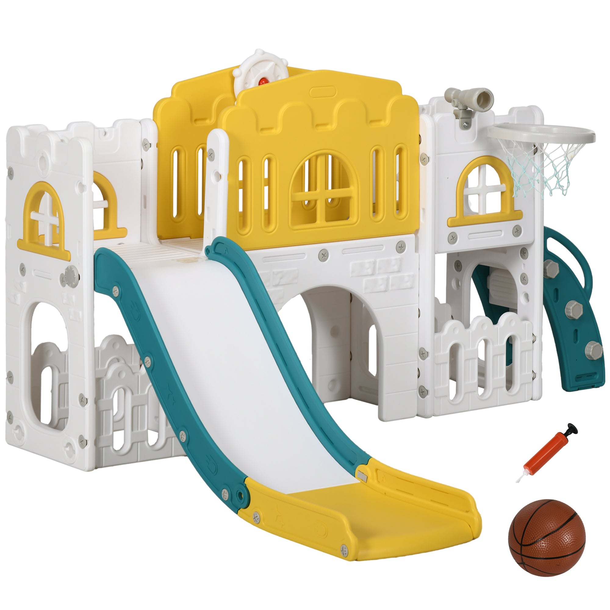 8 in 1 Toddler Slide for Kids Age 1-3 Years with Basketball Hoop, Climber, Telescope, Tunnel, Steering Wheel, Aisle