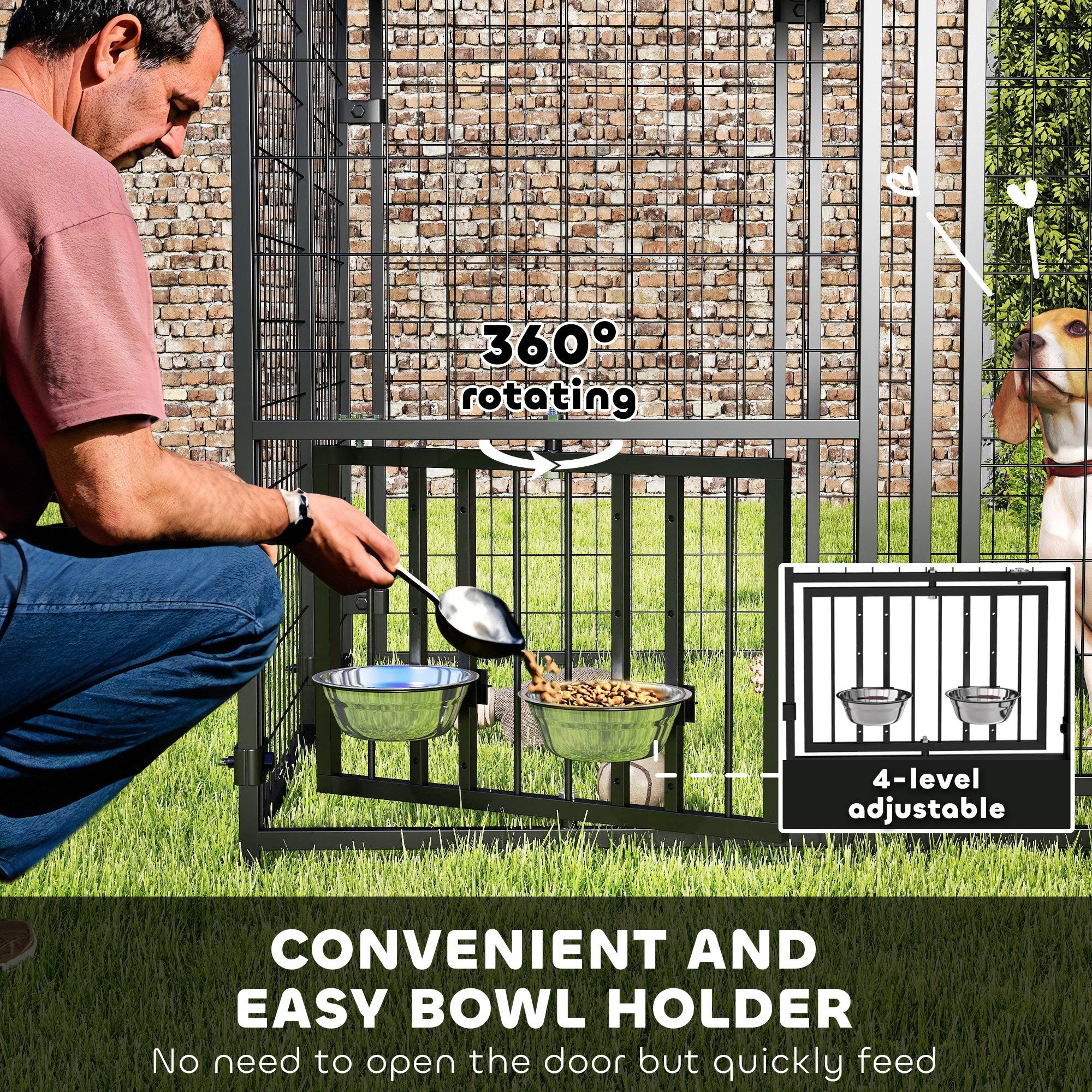 Welded Wire Outdoor Dog Kennel with 360° Rotating & 4 Levels Adjustable Bowls, Waterproof Cover, 4.6' x 4.6' x 5' - Red - Image 6