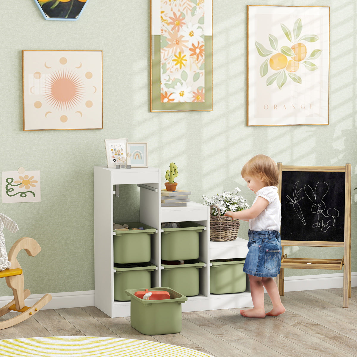 3 Layers Kids Toy Storage Organizer with 6 Storage Bins, Kids Bookshelf for Ages 3-8 Years, Play Room, Bedroom, Green