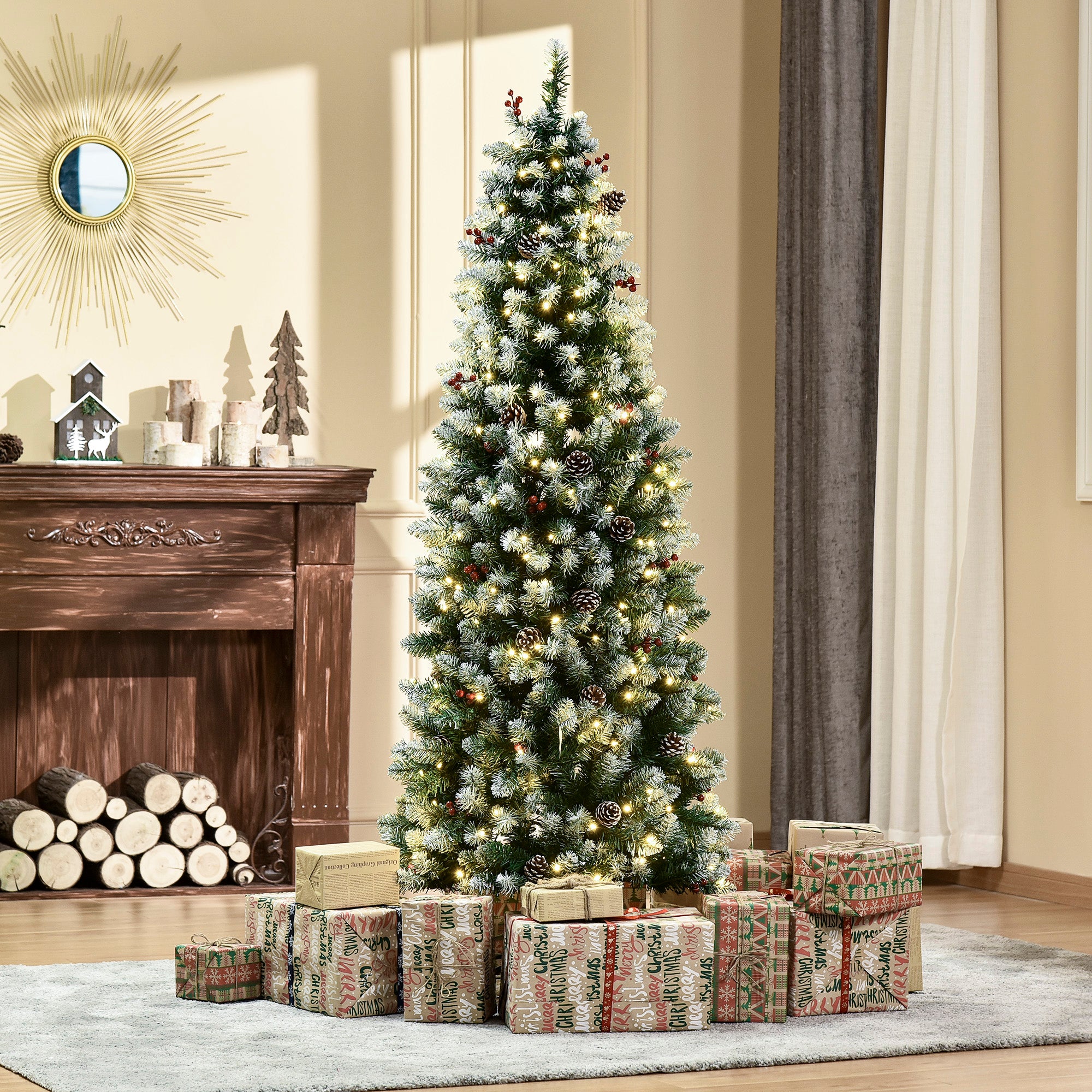 6ft Pre-Lit Snow-Dipped Artificial Christmas Tree with Realistic Branches, 300 LED Lights, Pine Cones, Red Berries and 618 Tips