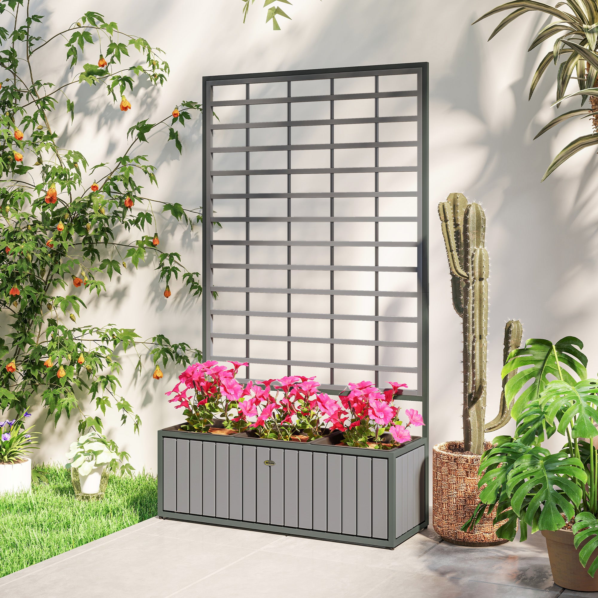 Wooden Raised Garden Bed with Trellis, Removable Pots, for Backyard, Patio, Balcony, 29" x 11" x 52", Gray - Gray - Image 8