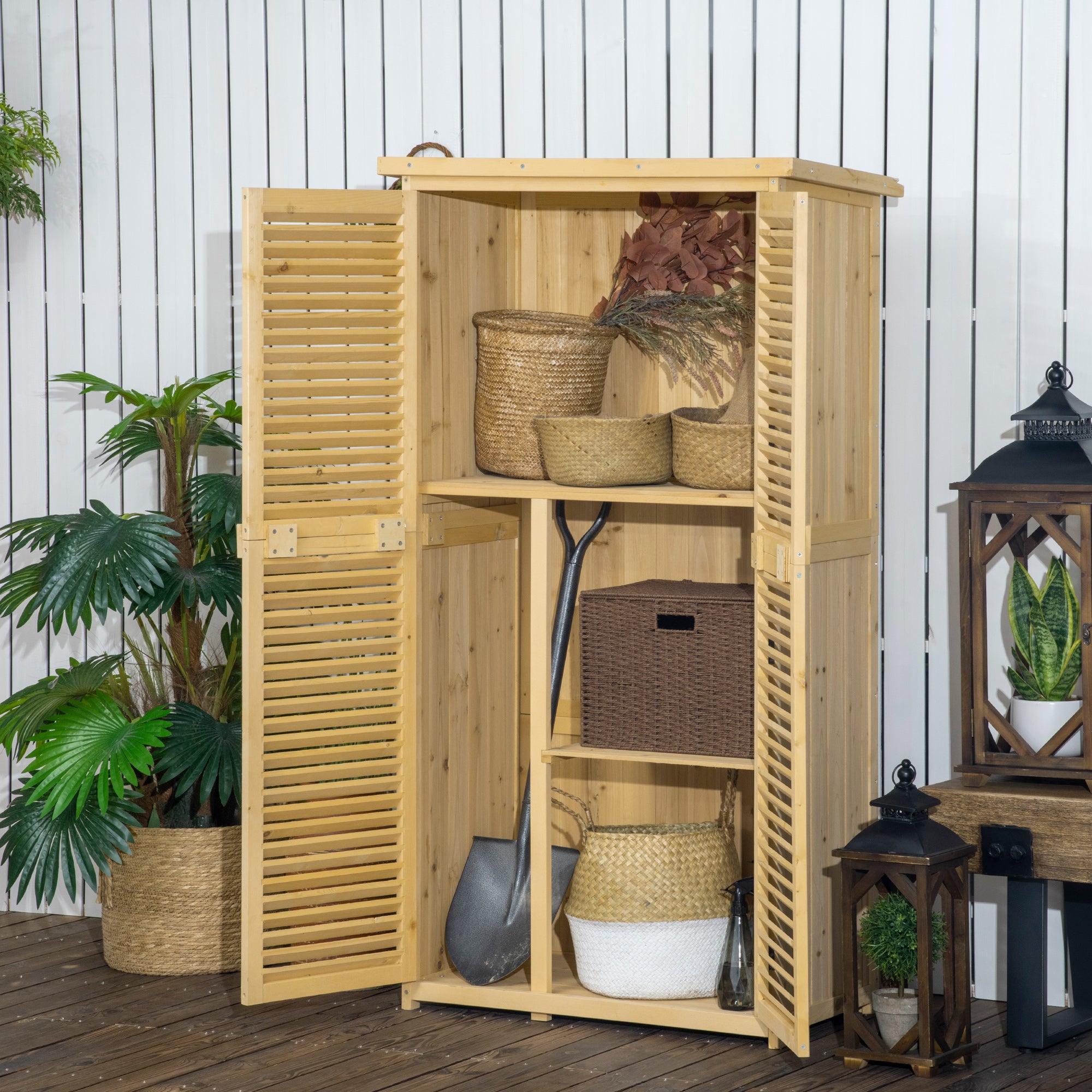 5' x 3' Wooden Outdoor Storage Cabinet, Garden Sheds & Outdoor Storage with Asphalt Roof & 2 Large Wood Doors with Lock, Natural - Natural Wood - Image 2