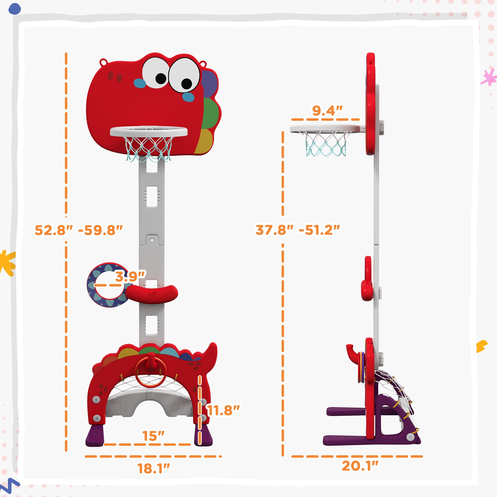 Adjustable Height 4.4-5 ft Kids Basketball Hoop, 5 in 1 Design, for Indoor Use, Red
