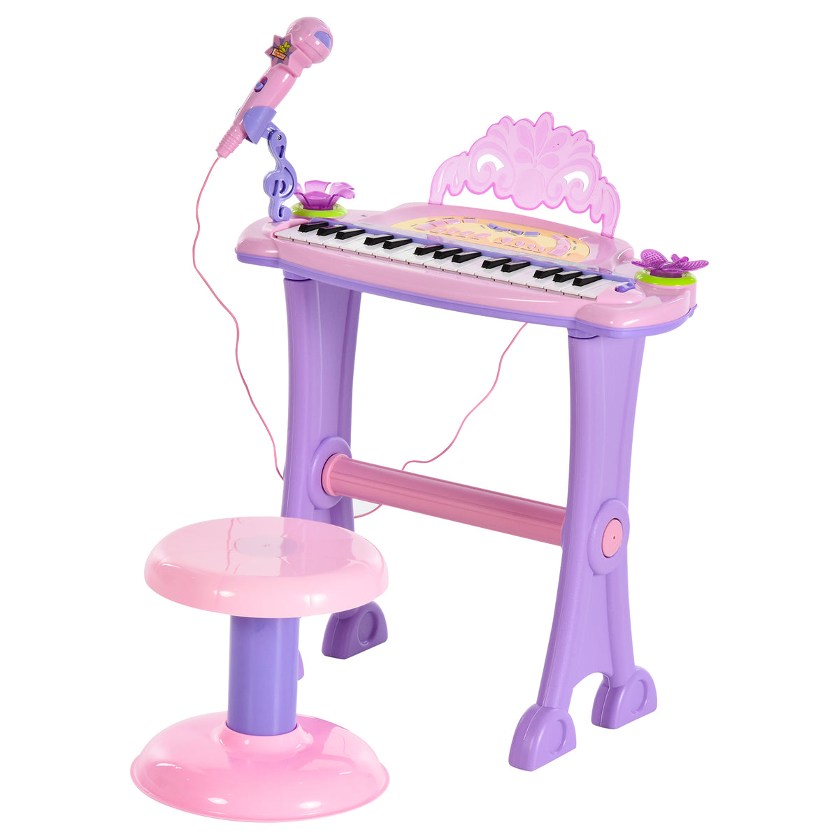 Qaba 32-Key Princess Electronic Toy Piano for Kids, Educational Keyboard Piano with Stool, MP3, Record, Flashing Lights, Microphone for 3-6 Years, Pink