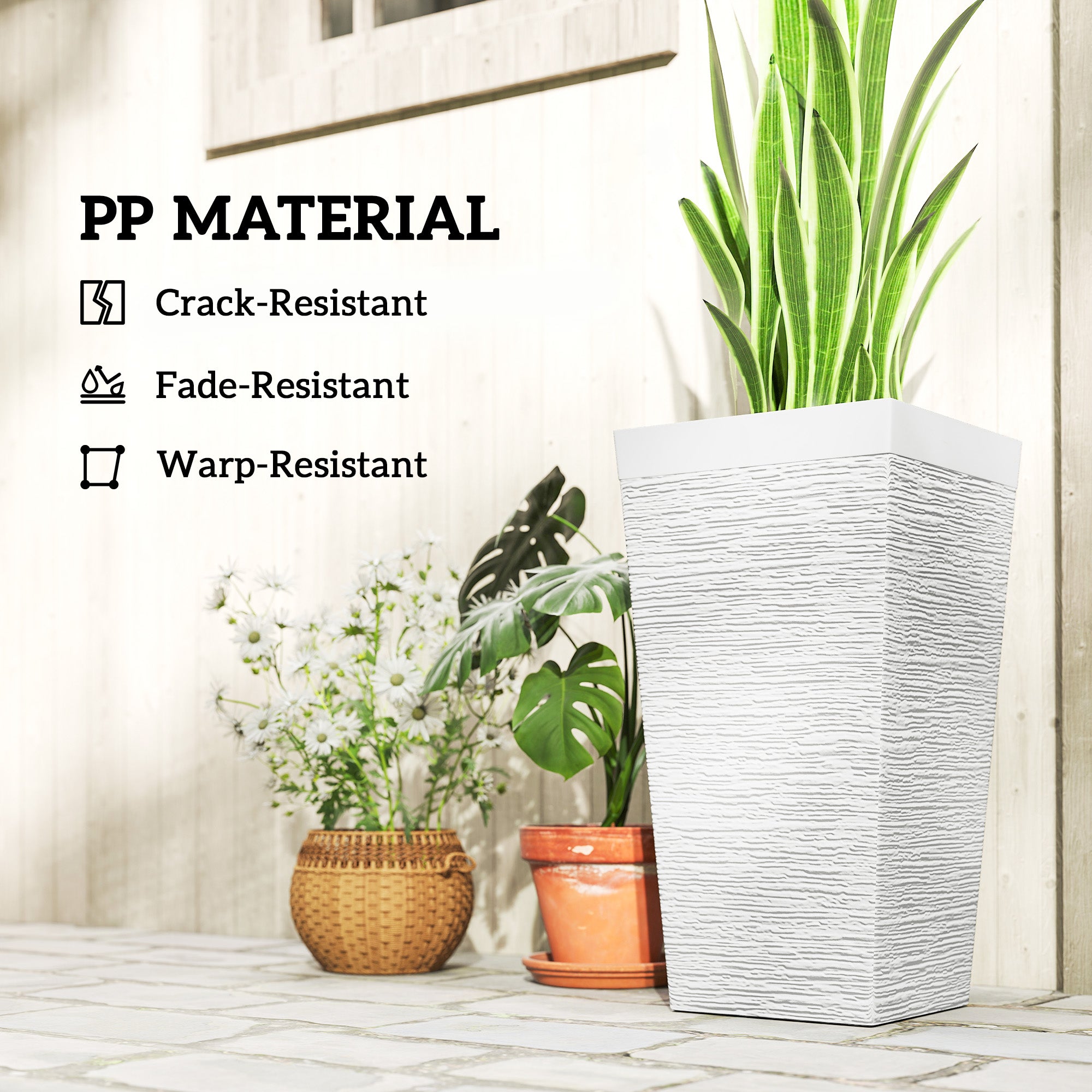 22.8 Inch Set of 3 Outdoor Planters with Stone Finish and Wheels, Stackable Tapered Planters with Drainage Hole, White - White - Image 6