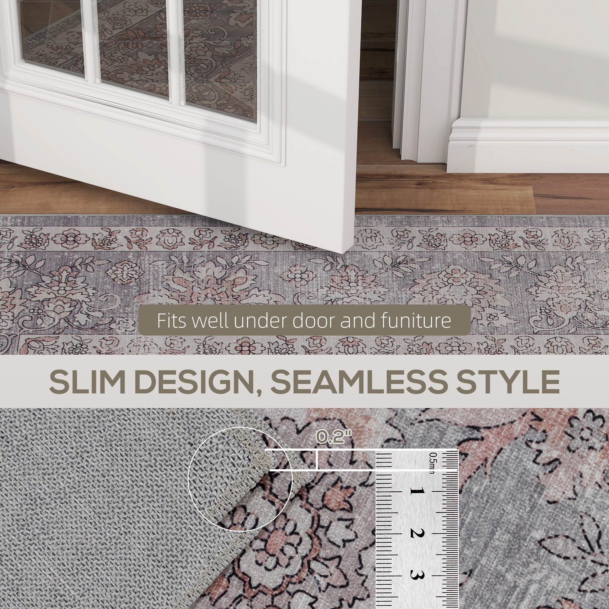 Machine Washable Area Rug 8x10, Non-Slip Traditional Flower Print Floor Carpet for Living Room, Bedroom, Grey and Brown