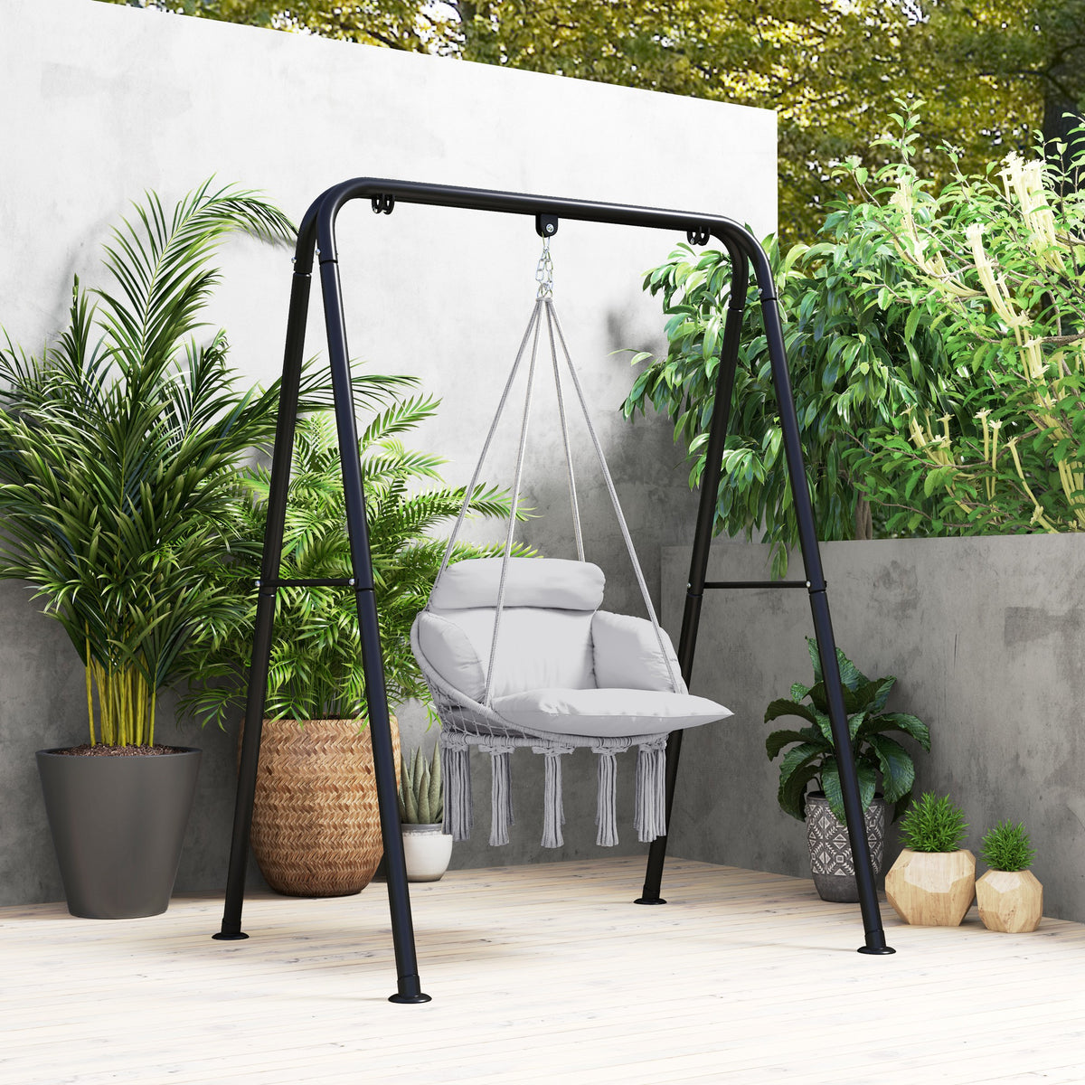 Hammock Swing Chair, Macrame Hanging Chair with Large Cushion, Chain, Steel Frame for Indoor Outdoor Use, Gray