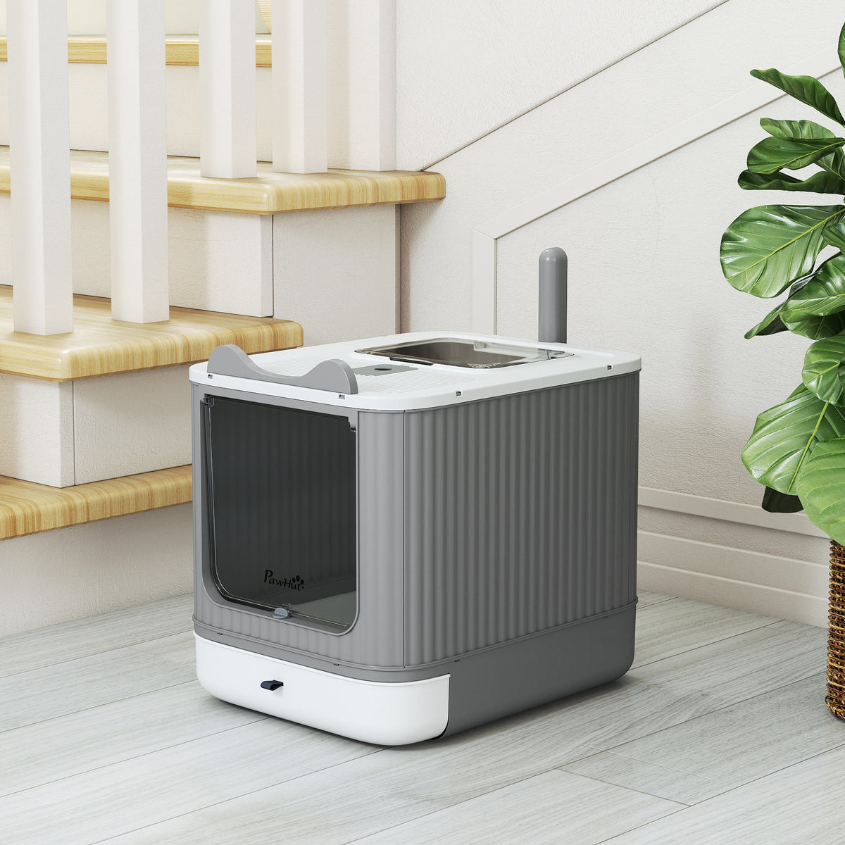 Cat Litter Box with Lid, Enclosed Litter Box for Medium Cats, Front-Entry and Top-Exit, Scoop, Deodorizer Bag, White