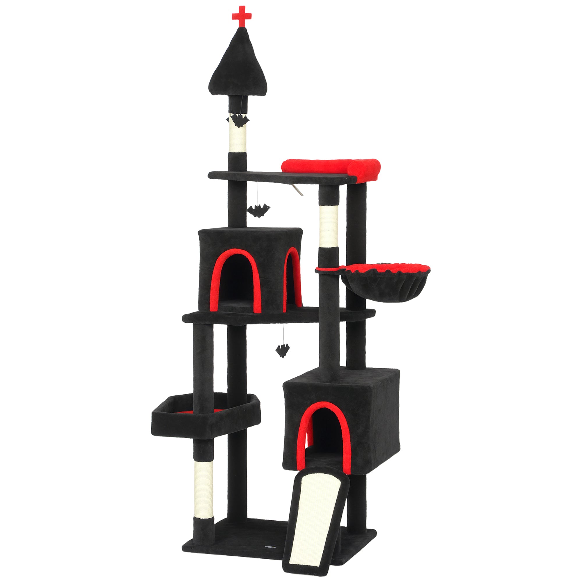 78" Gothic Cat Tree, Cat Tower with Coffin Bed, 2 Spacious Condos, Sisal Scratching Posts, Bat Hanging Balls, Halloween - Black